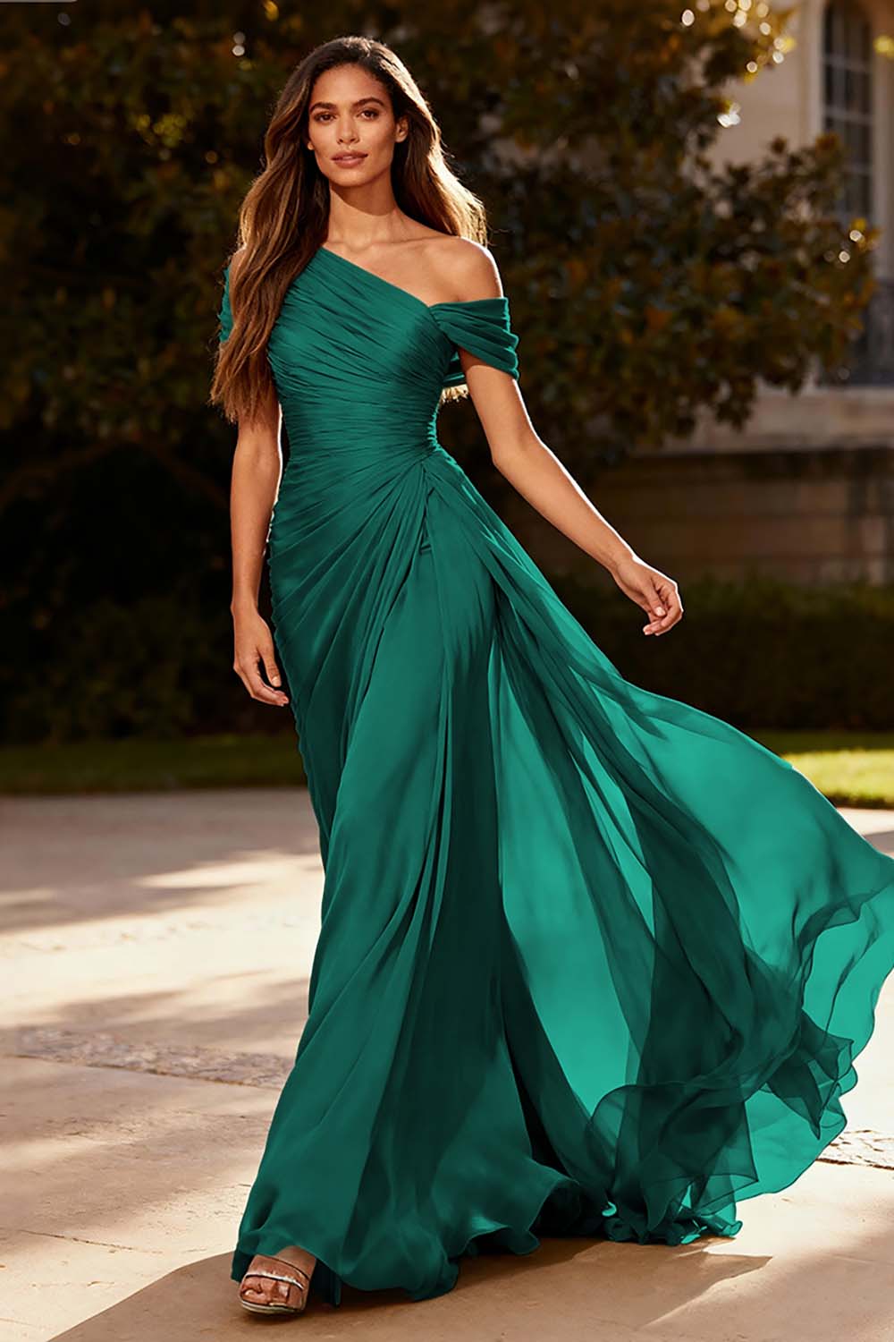 Dusty Sage One Shoulder Chiffon Ruched Long Formal Dress with Side Cape
