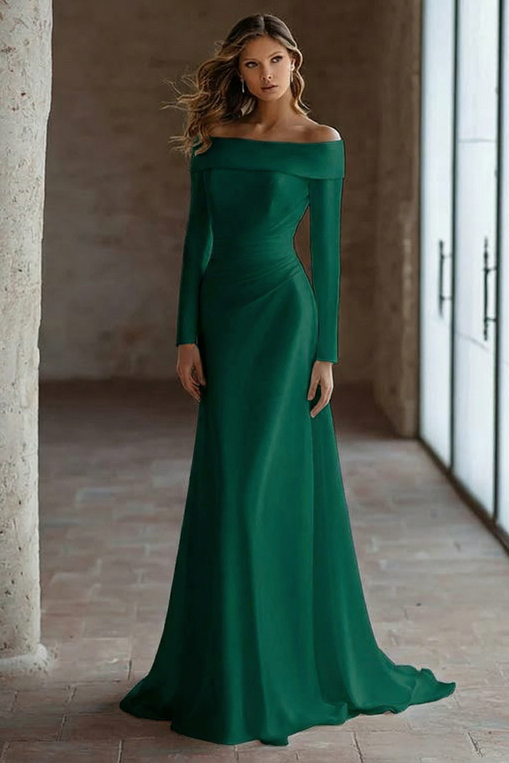 Ivory Satin Off the Shoulder Sweep Train Wedding Reception Dress with Sleeves