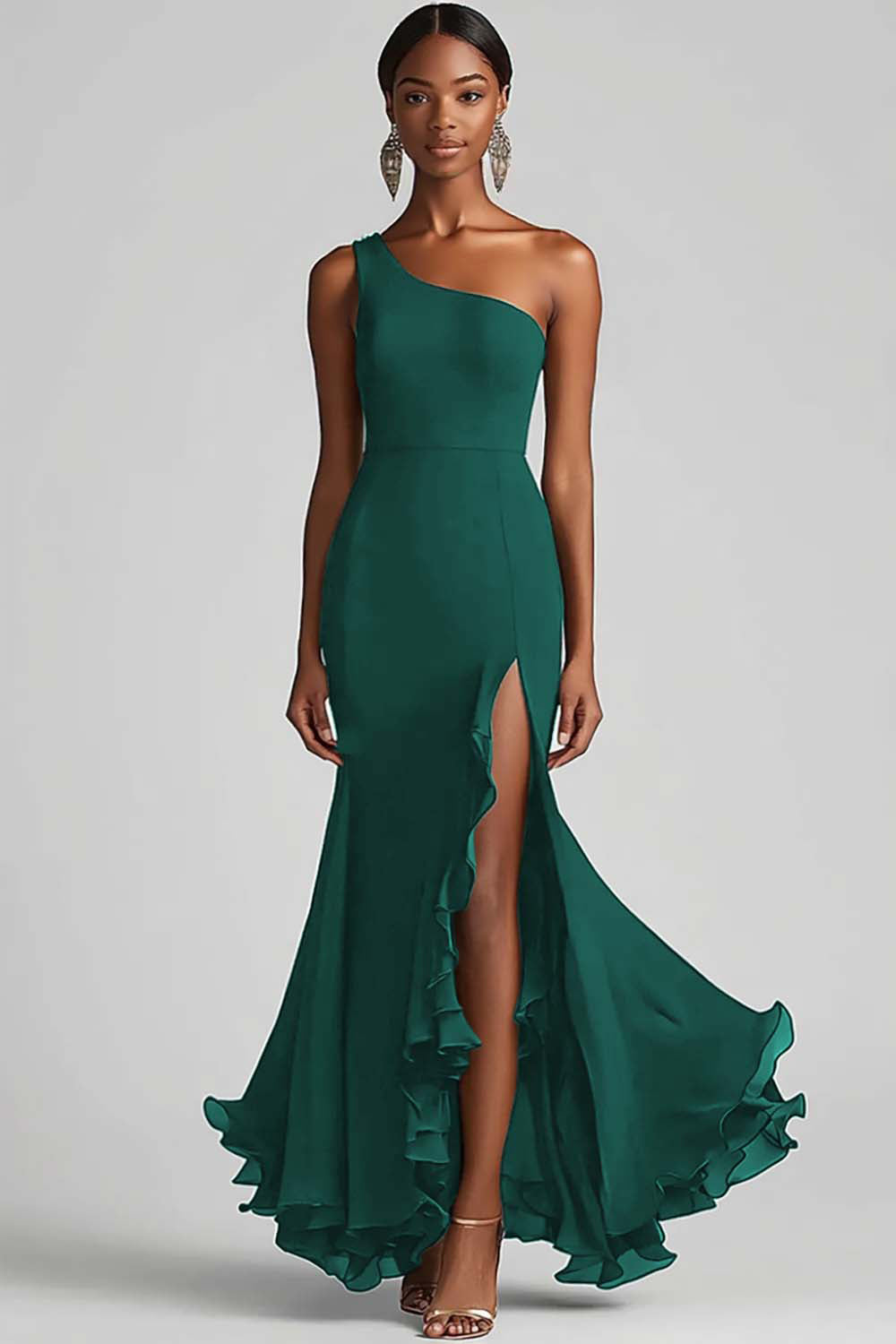 Flowy Black One Shoulder Long Chiffon Formal Dress with Slit