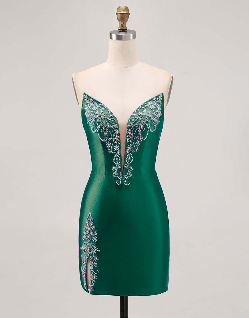 Sparkly Fuchsia Tight Strapless Short Satin Homecoming Dress with Beading