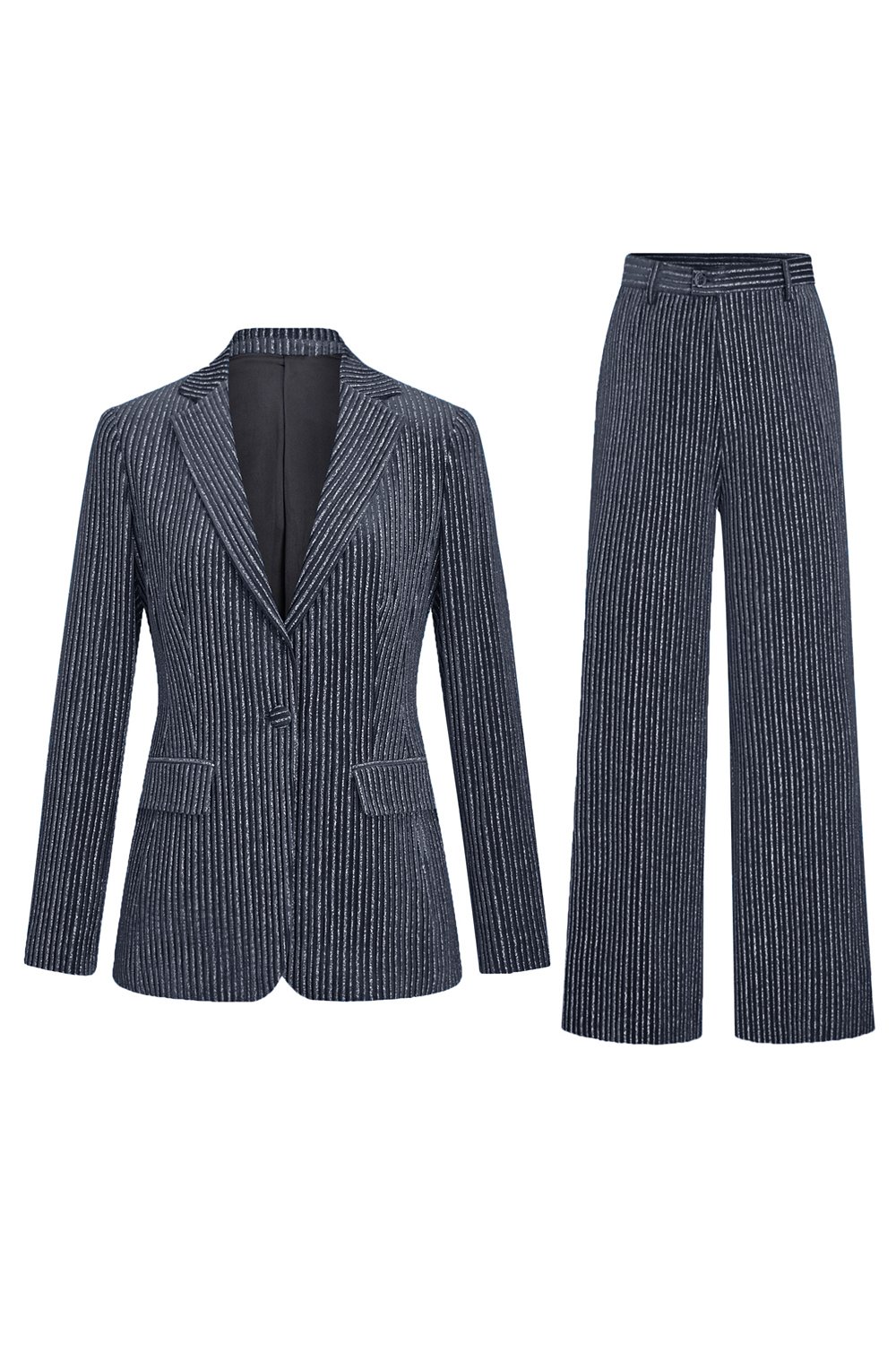 Ink Blue Notched Lapel Velvet Stripes Slim Fitted 2 Pieces Women Suits