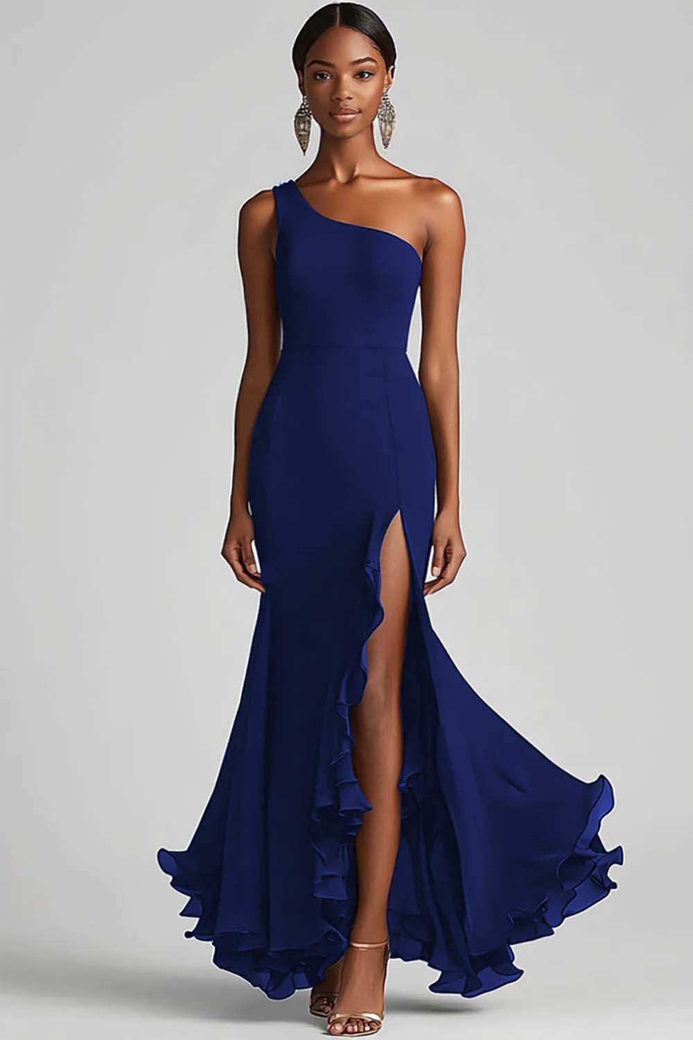 Flowy Black One Shoulder Long Chiffon Formal Dress with Slit