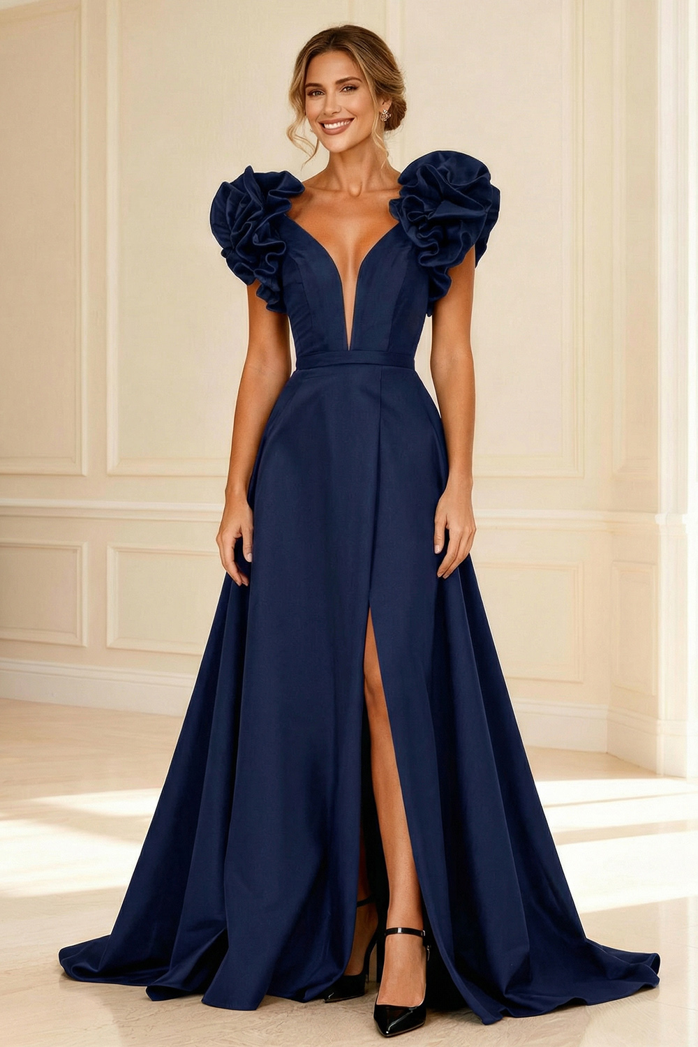 Black A-Line V-Neck Ruffled Long Mother of the Bride Dress