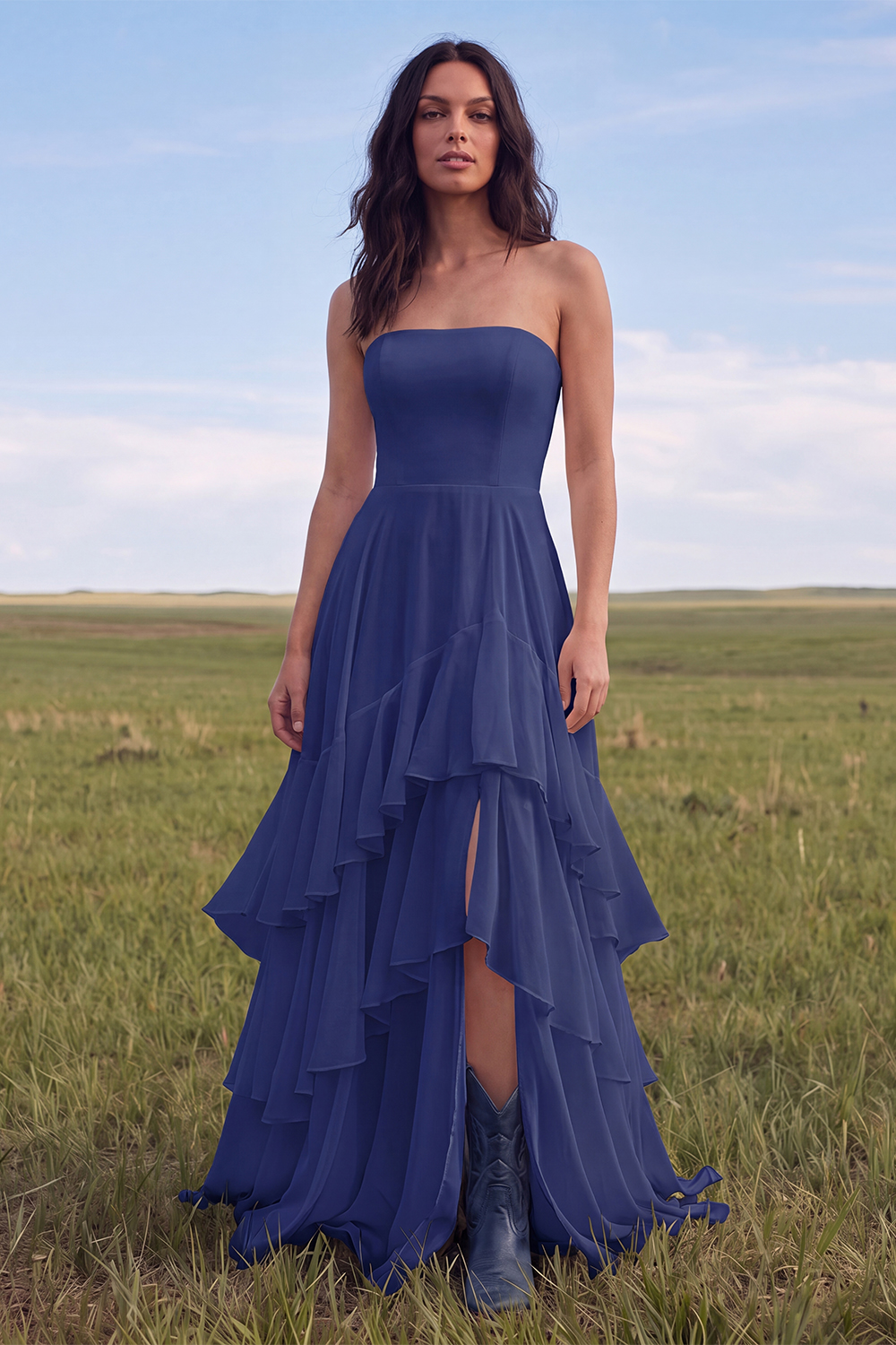 Ivory Strapless A Line Sweep Train Ruffled Beach Engagement Dress with Slit