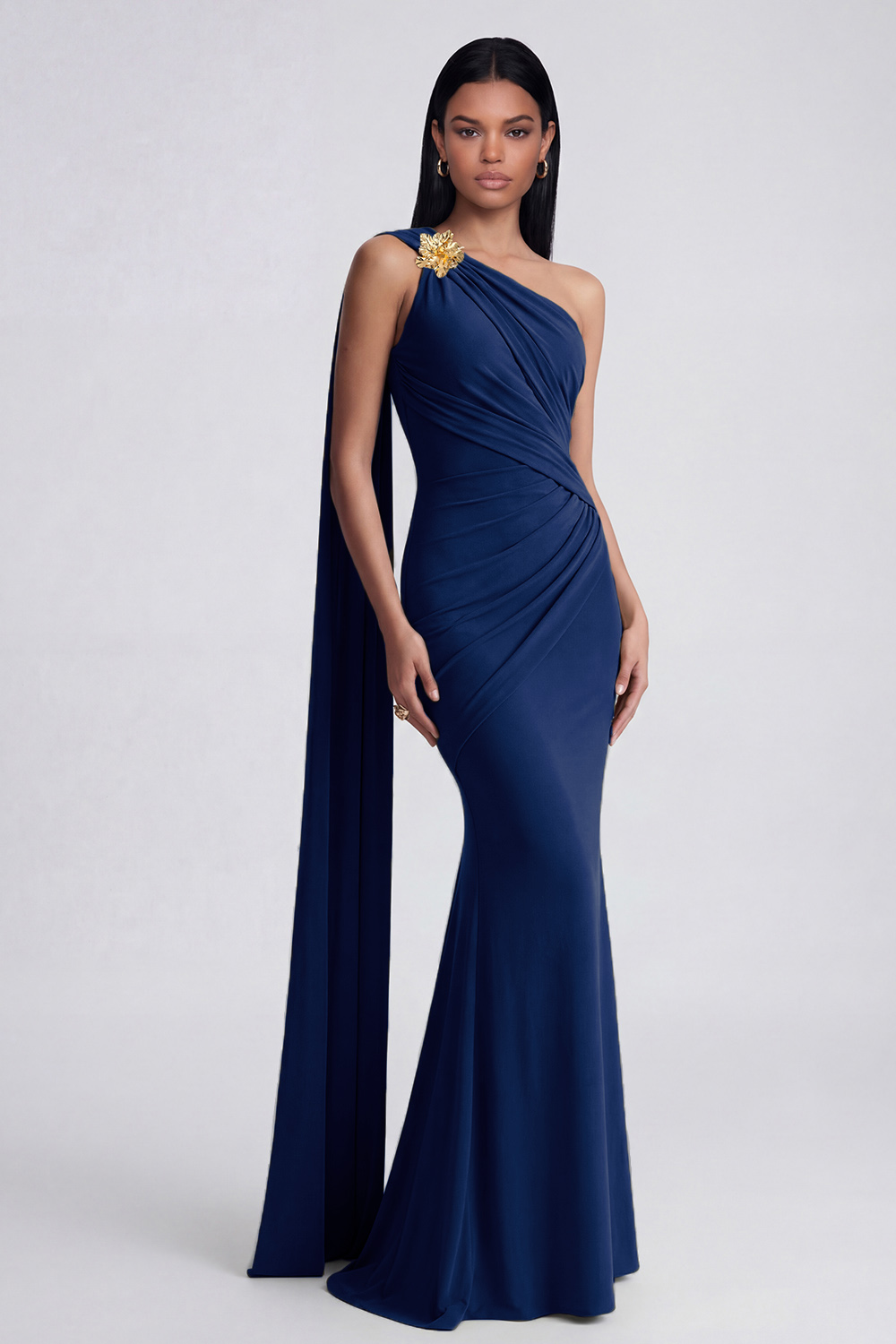 Olive Floral Ruched One Shoulder Long Mermaid Formal Dress with Side Cape