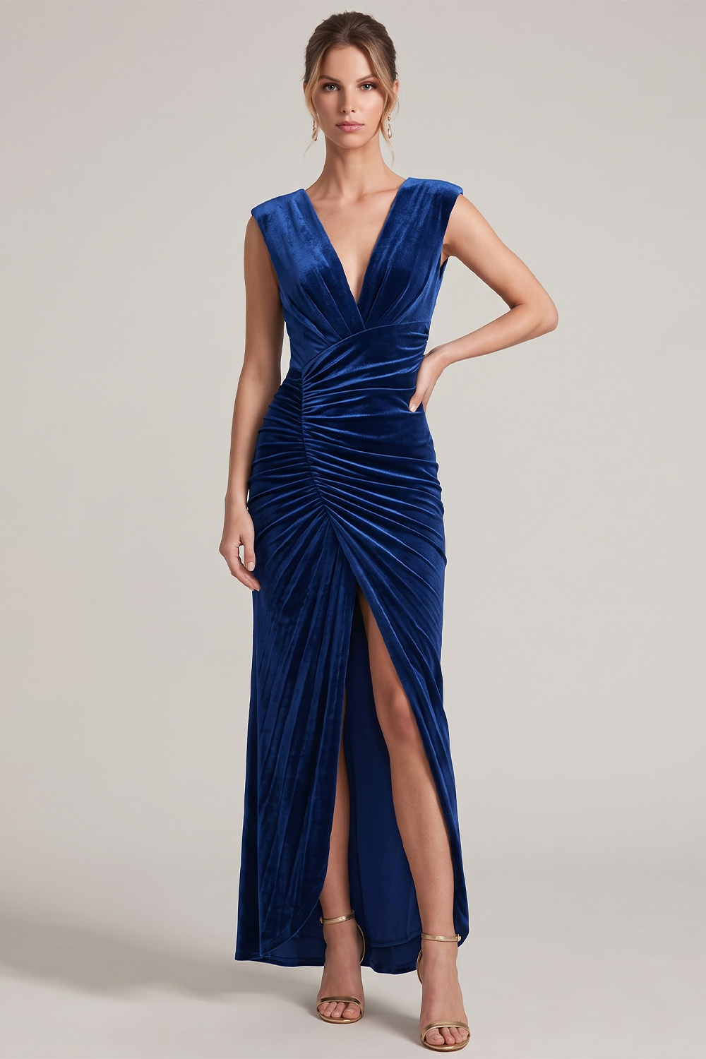 Dark Green Velvet Sheath V-Neck Ruched Maxi Holiday Dress with Slit