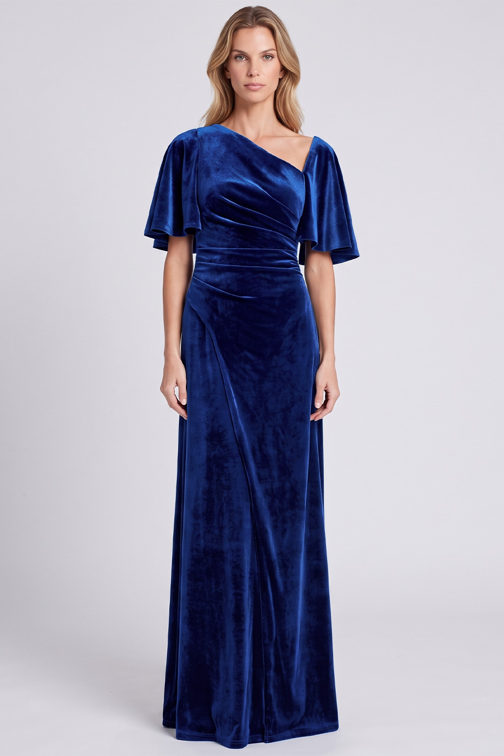 Dark Grey Sheath Asymmetrical Neck Velvet Ruched Long Holiday Party Dress