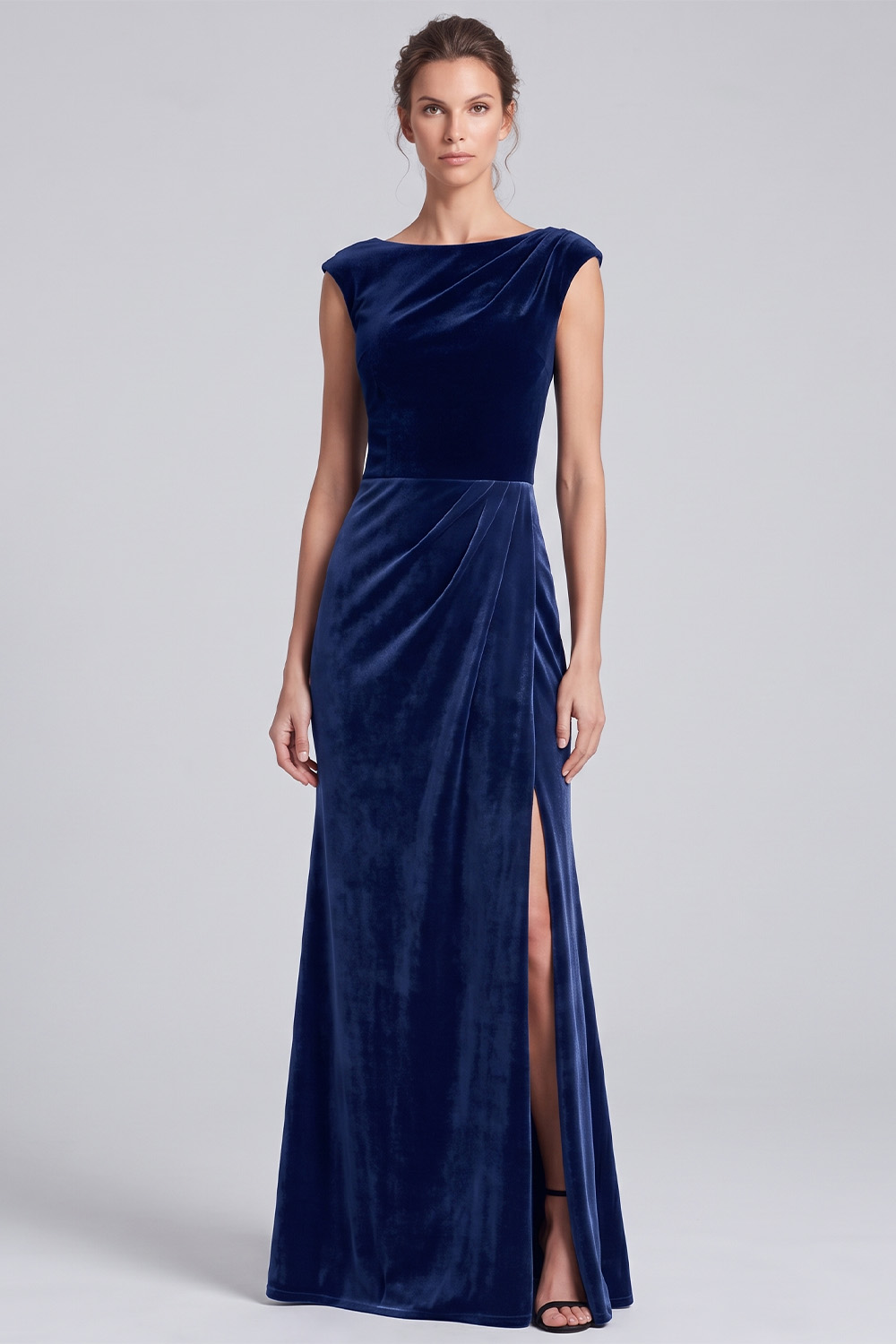 Black and Brown Velvet Sheath Boat Neck Ruched Long Holiday Party Dress with Slit