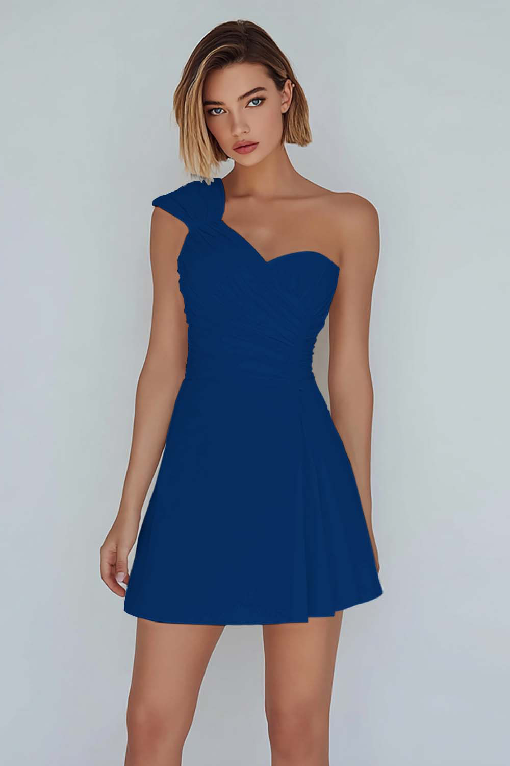 Ivory Ruched One Shoulder A-Line Satin Short Homecoming Dress