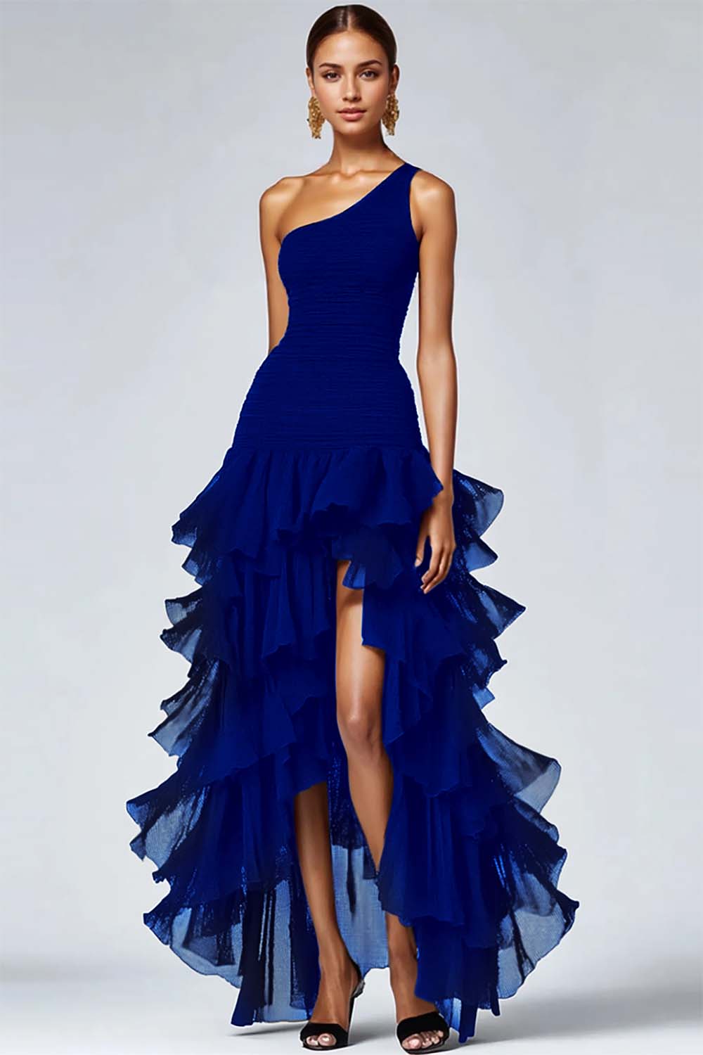Organza A Line One Shoulder Tiered Long Black Tie Dress