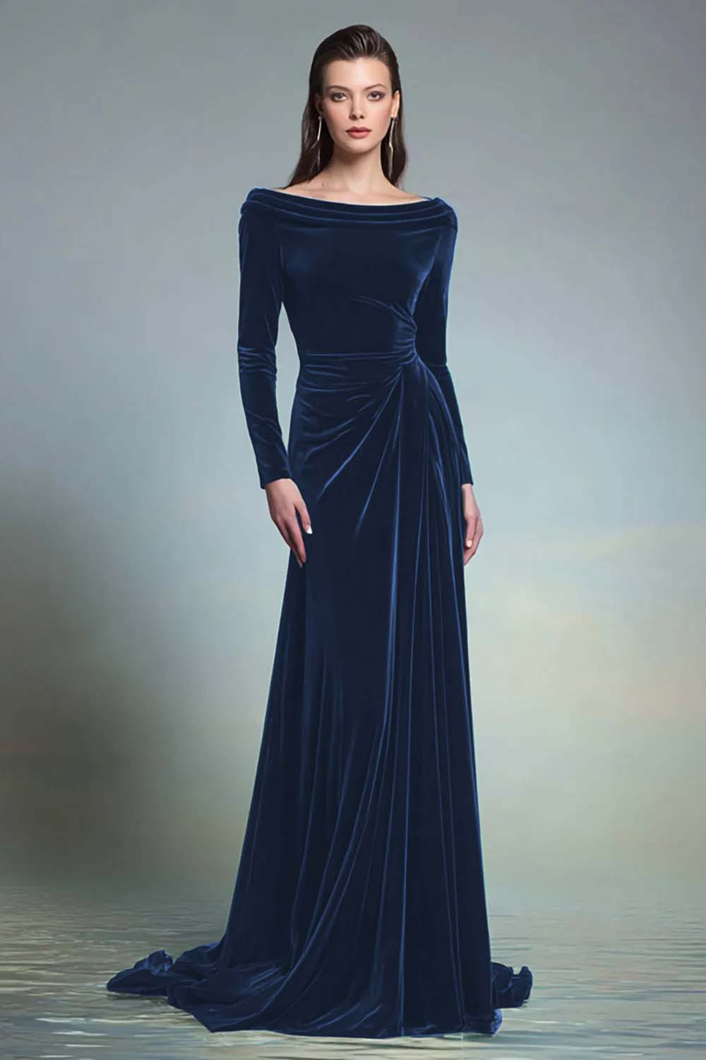 Modest Dark Green Bateau Neck Long Velvet Formal Dress with Sleeves