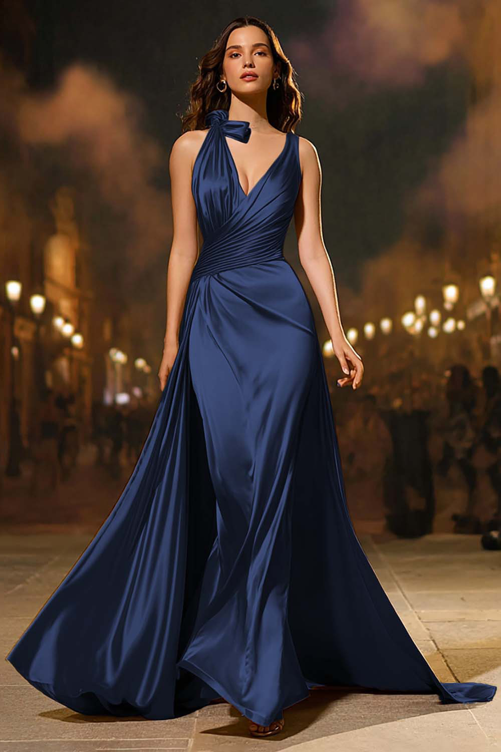 Gold Satin Mermaid V-Neck Ruched Long Formal Dress with Cape