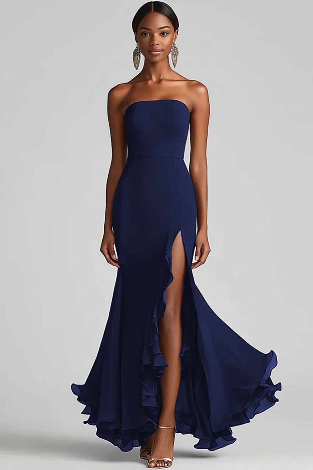 Strapless Sheath Chiffon Long Black Tie Dress with Slit
