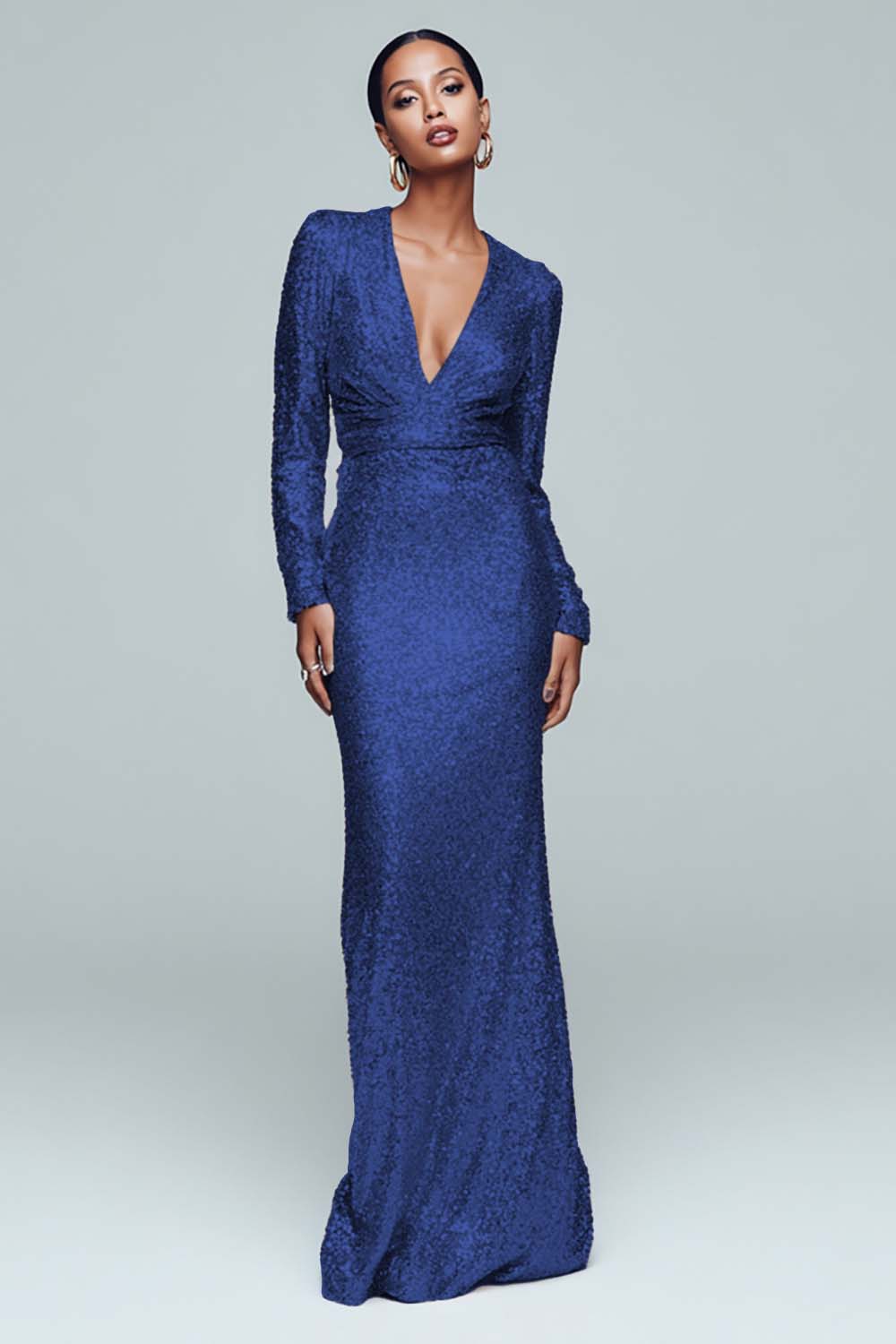 Sparkly Gold Sequin Mermaid V-Neck Long Sleeves Holiday Party Dress