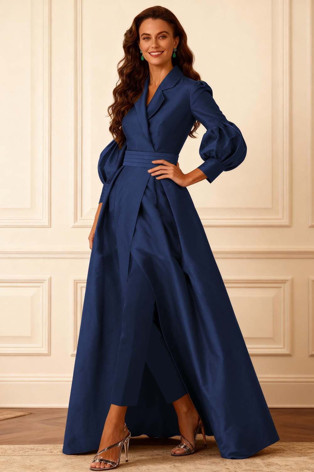 2 Piece Olive Puff Sleeves A-Line Mother of the Bride Pant Suits with Jacket