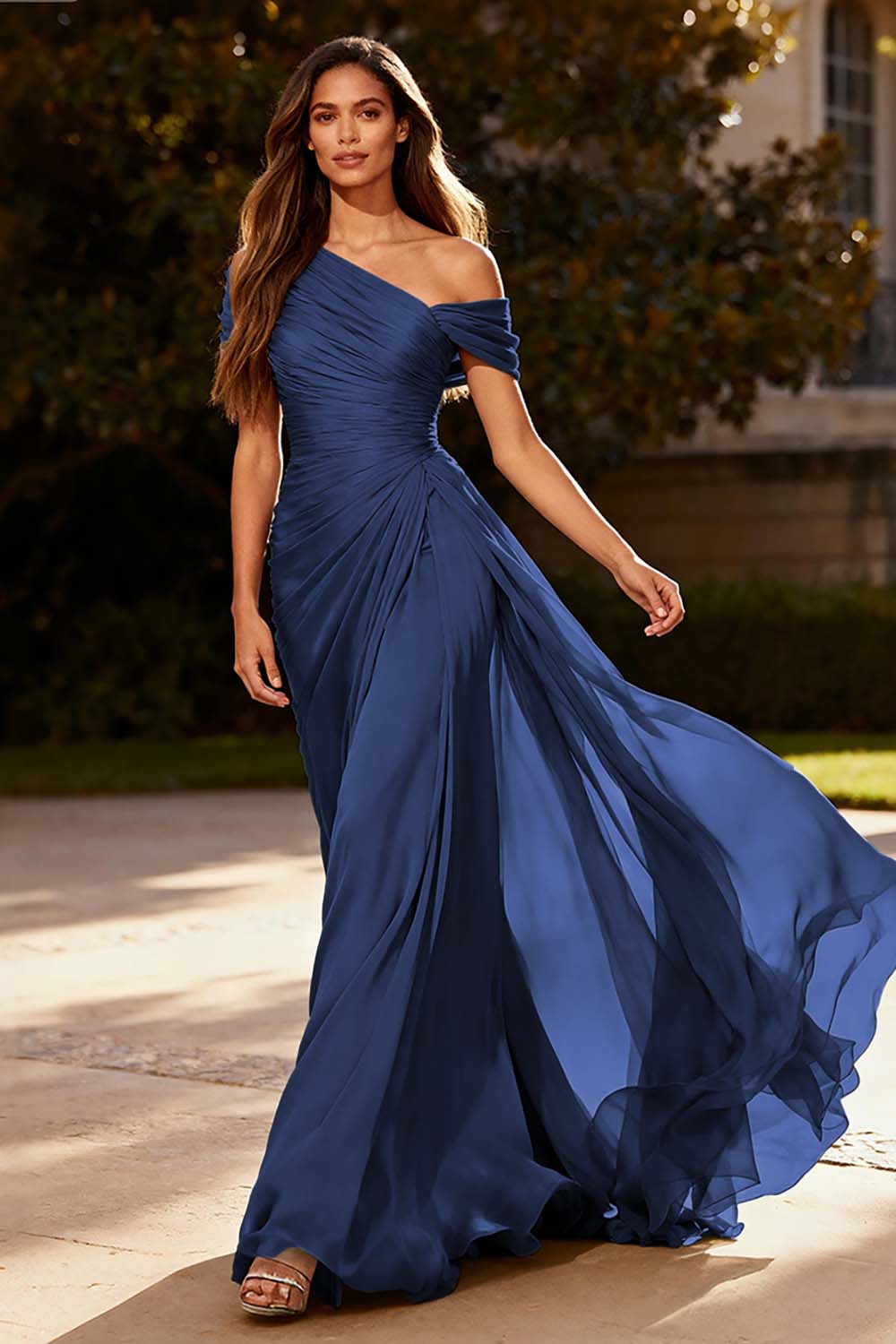 Dusty Sage One Shoulder Chiffon Ruched Long Formal Dress with Side Cape
