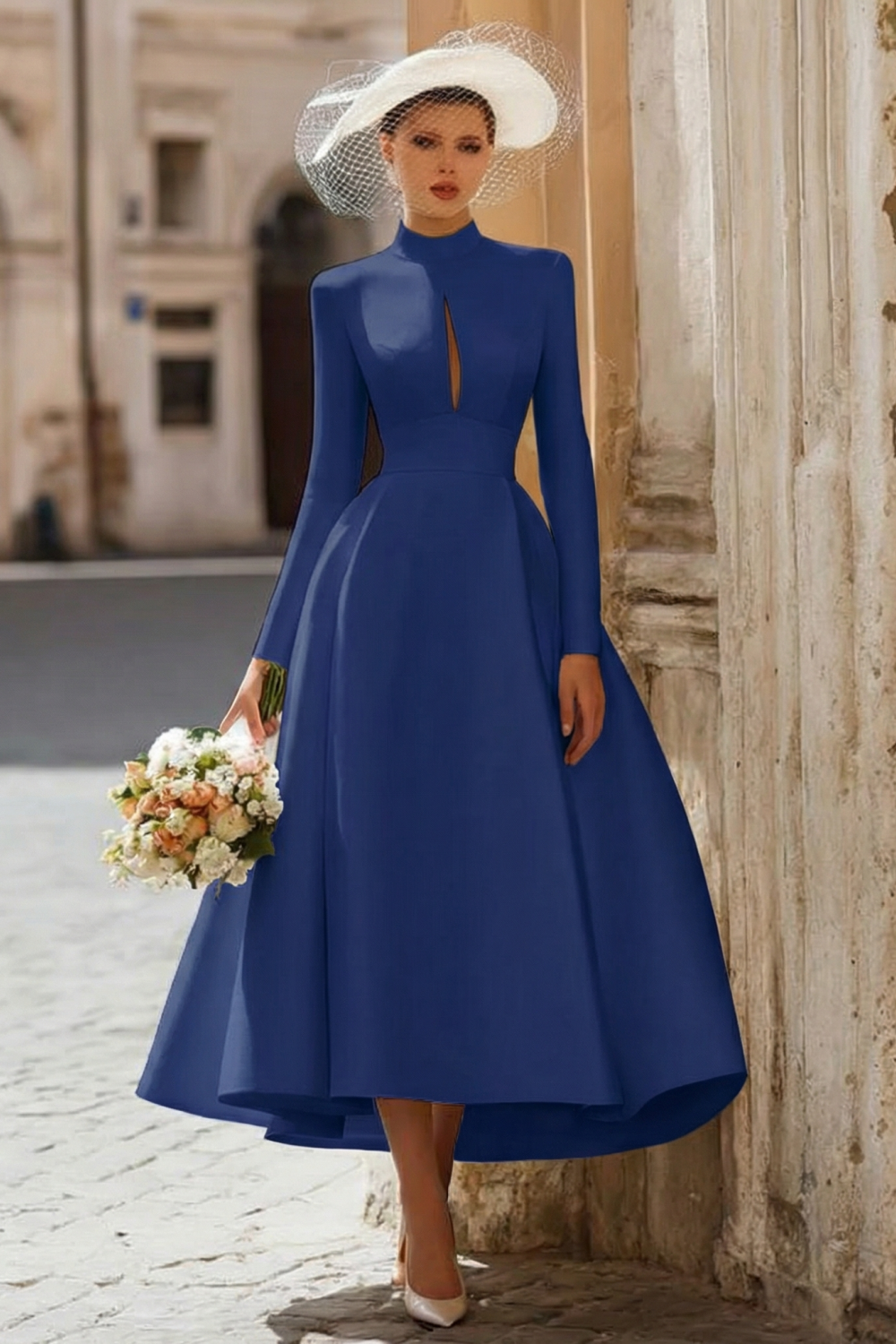 Vintage Ivory High Neck A Line Keyhole Long Sleeves Wedding Dress