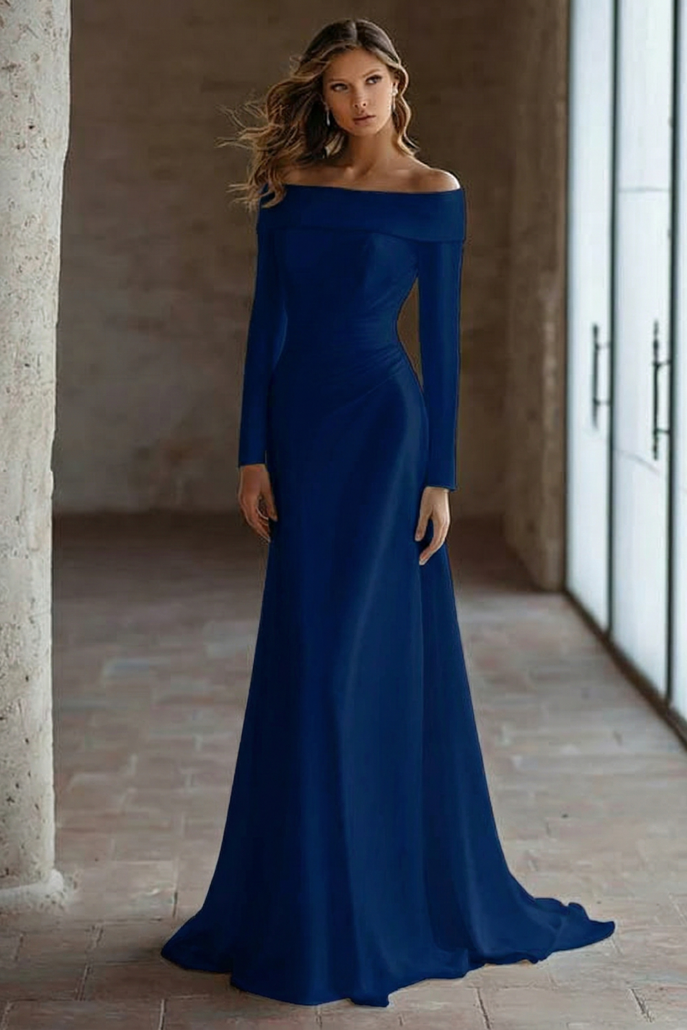 Ivory Satin Off the Shoulder Sweep Train Wedding Reception Dress with Sleeves