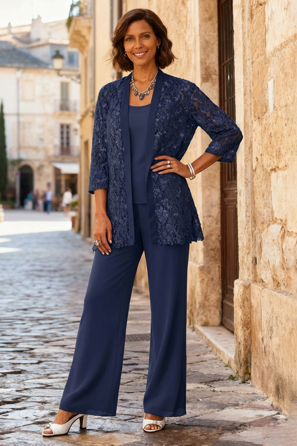 3-Piece Light Grey Round Neck Chiffon Mother of the Bride Pant Suits with Jacket