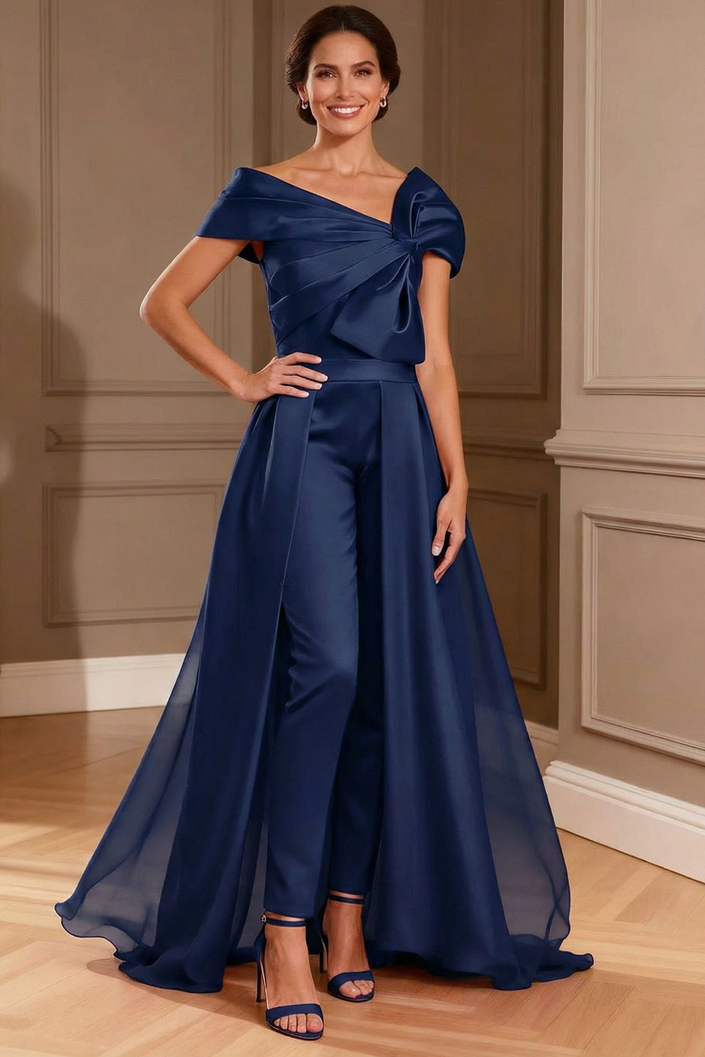 Fuchsia Satin Asymmetrical Neck Mother of the Bride Jumpsuits with Cape