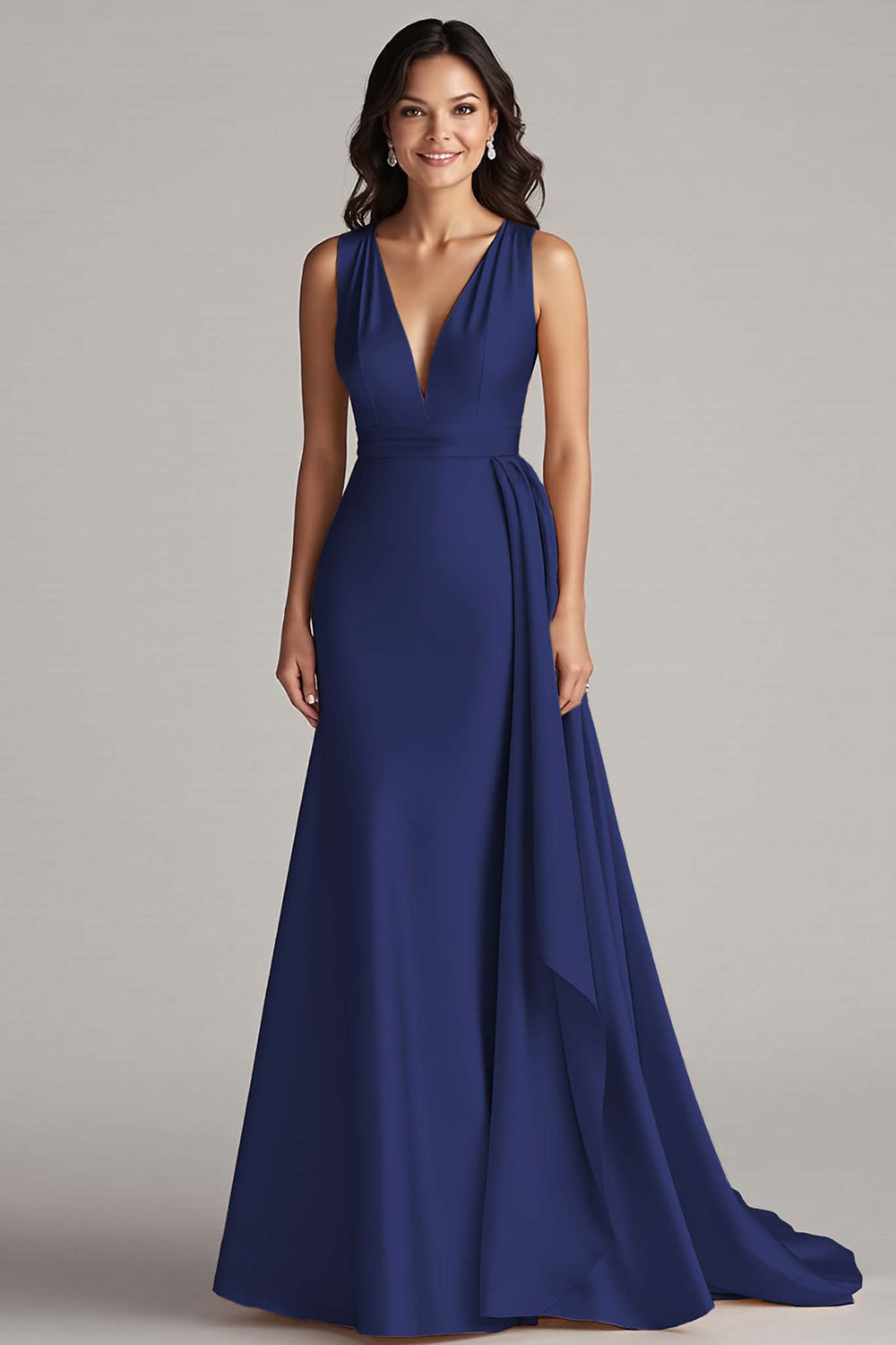 Champagne Deep V-Neck Sleeveless Long Satin Formal Dress