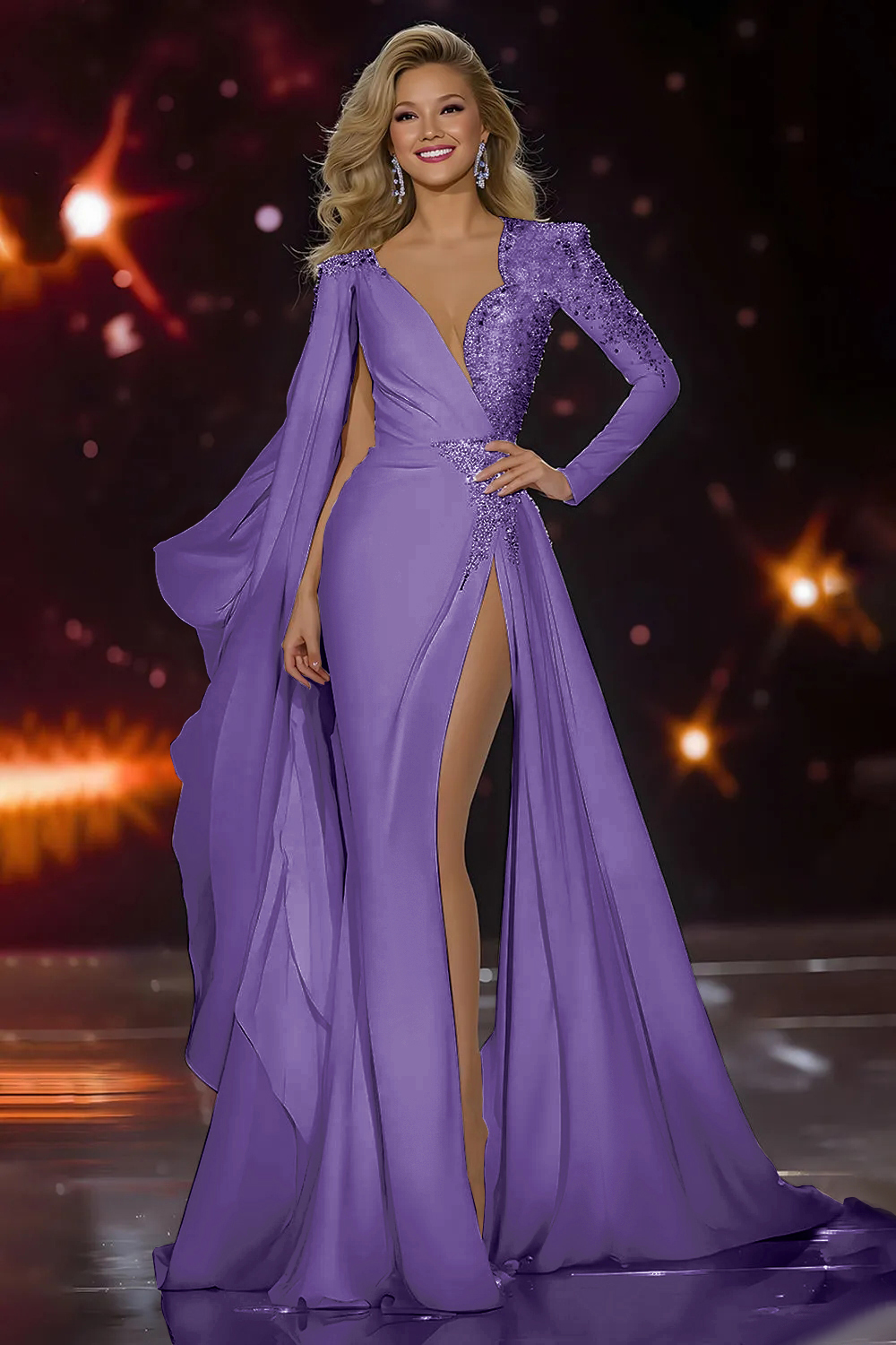 White Mermaid Sparkly Long Sleeves Pageant Dress with Slit