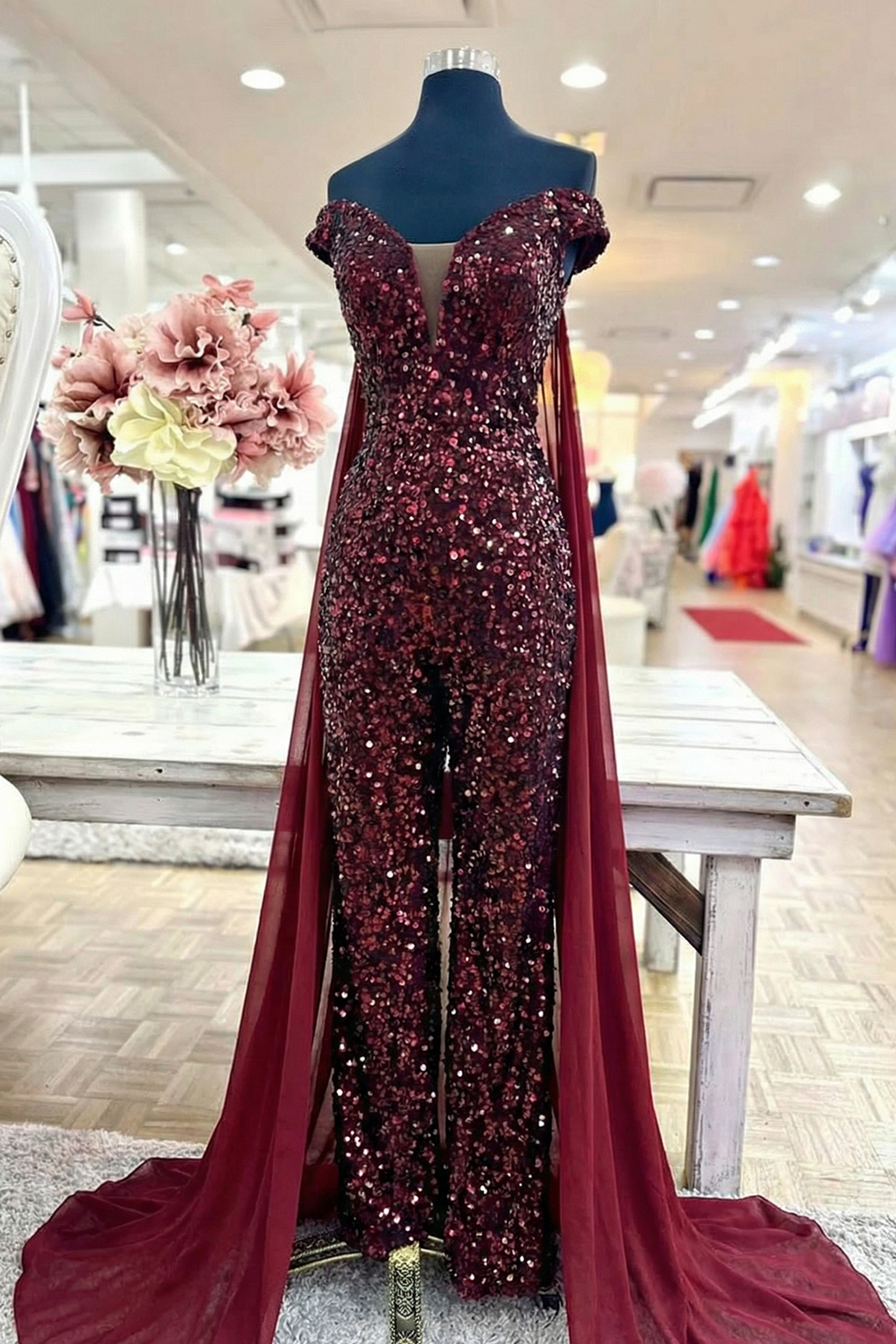 Sparkly Royal Blue Long Sequins Homecoming Jumpsuits with Cape