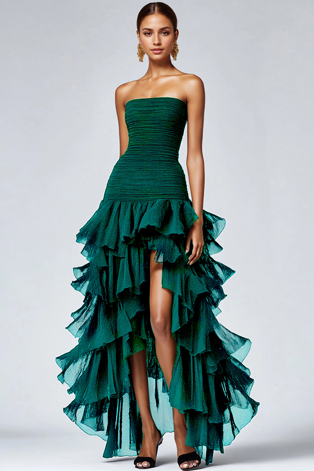 Elegant Dark Green Tulle Tiered Strapless Long Formal Dress