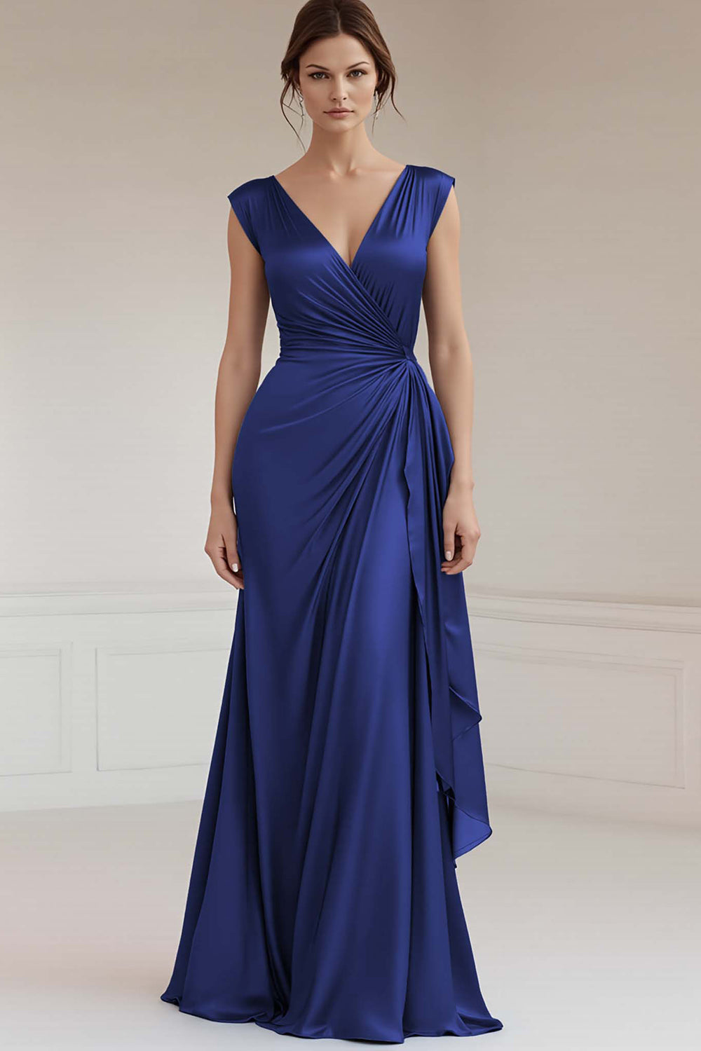 Grey Blue Sheath V-Neck Long Ruched Formal Dress with Ruffles