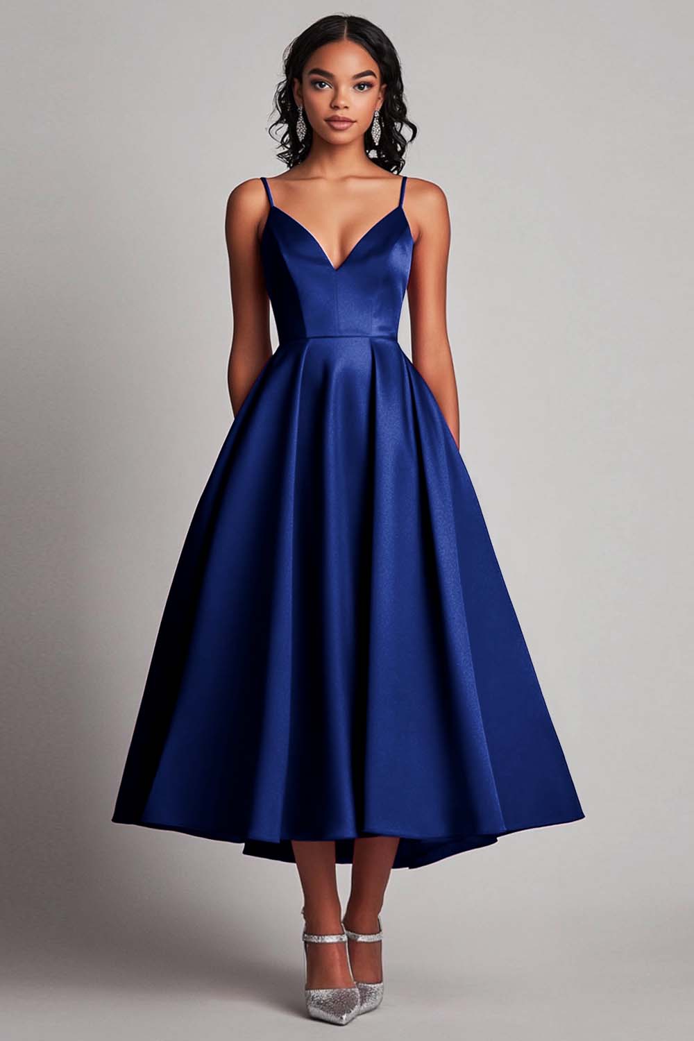 Modest Spaghetti Straps Dark Navy Asymmetrical Long Formal Dress