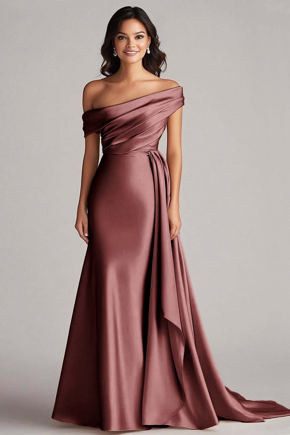 Off the Shoulder Elegant Champagne Long Formal Dress with Side Cape