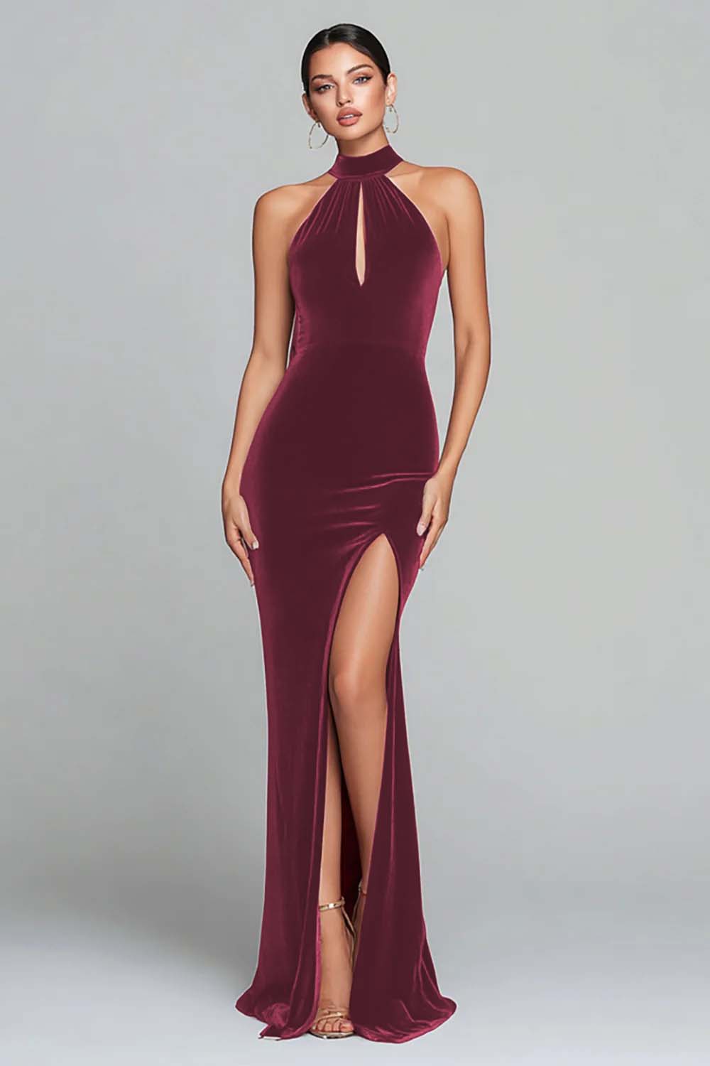 Elegant Burgundy Velvet Mermaid Halter Long Holiday Party Dress with Slit