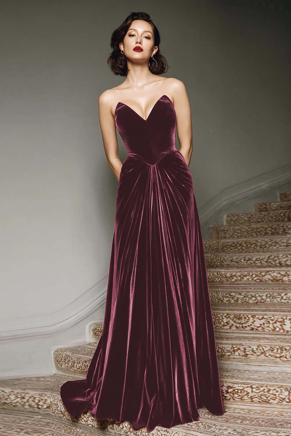 Burgundy A-Line Sweetheart Maxi Velvet Formal Dress