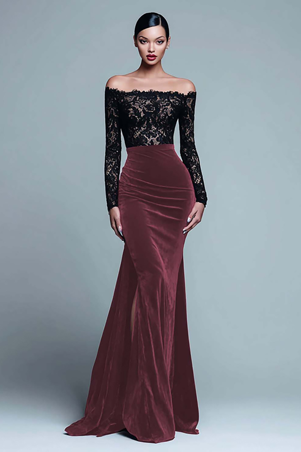 Elegant Black and Burgundy Velvet Mermaid Long Sleeves Holiday Party Dress with Lace