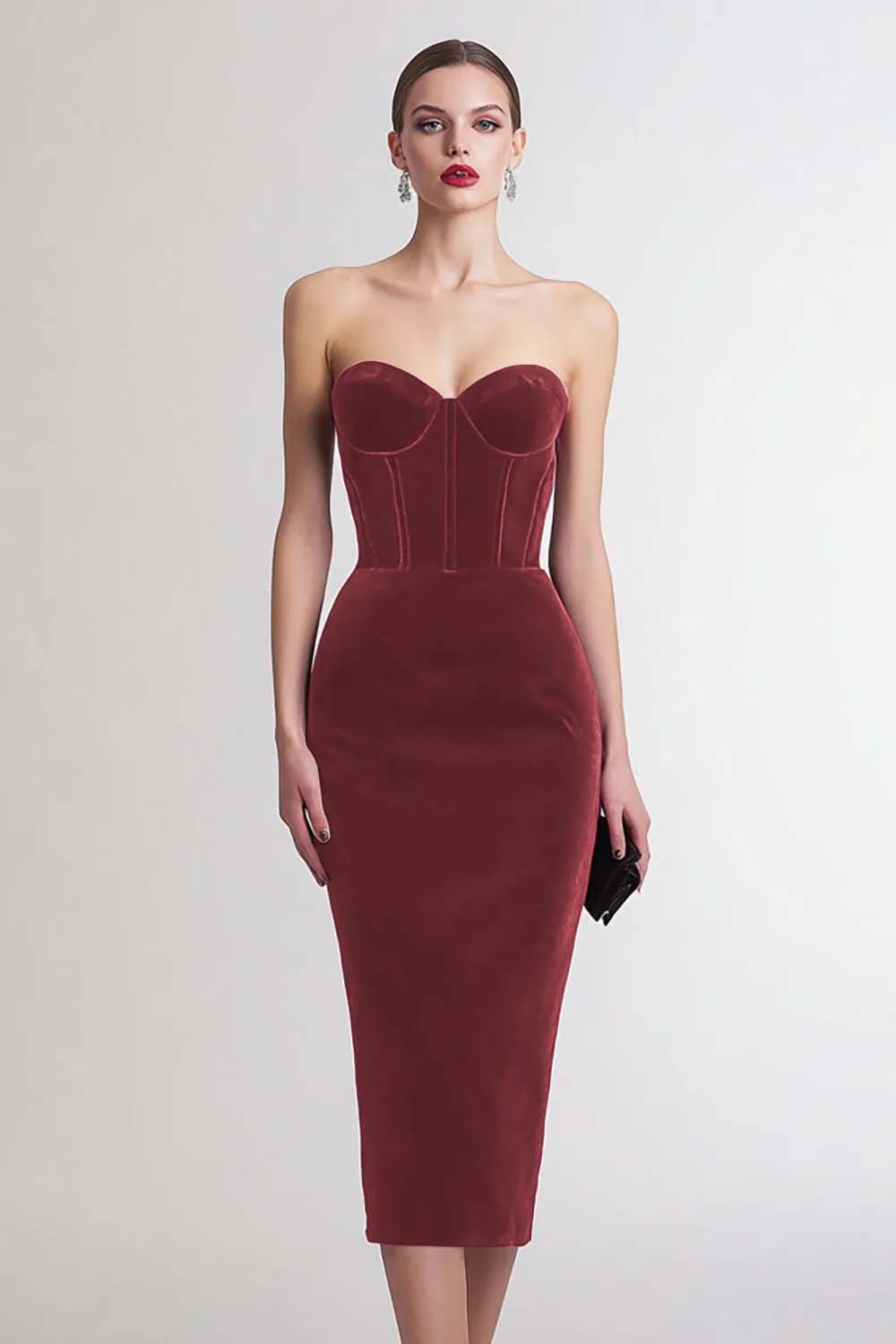 Burgundy Velvet Sheath Sweetheart Midi Corset Holiday Party Dress