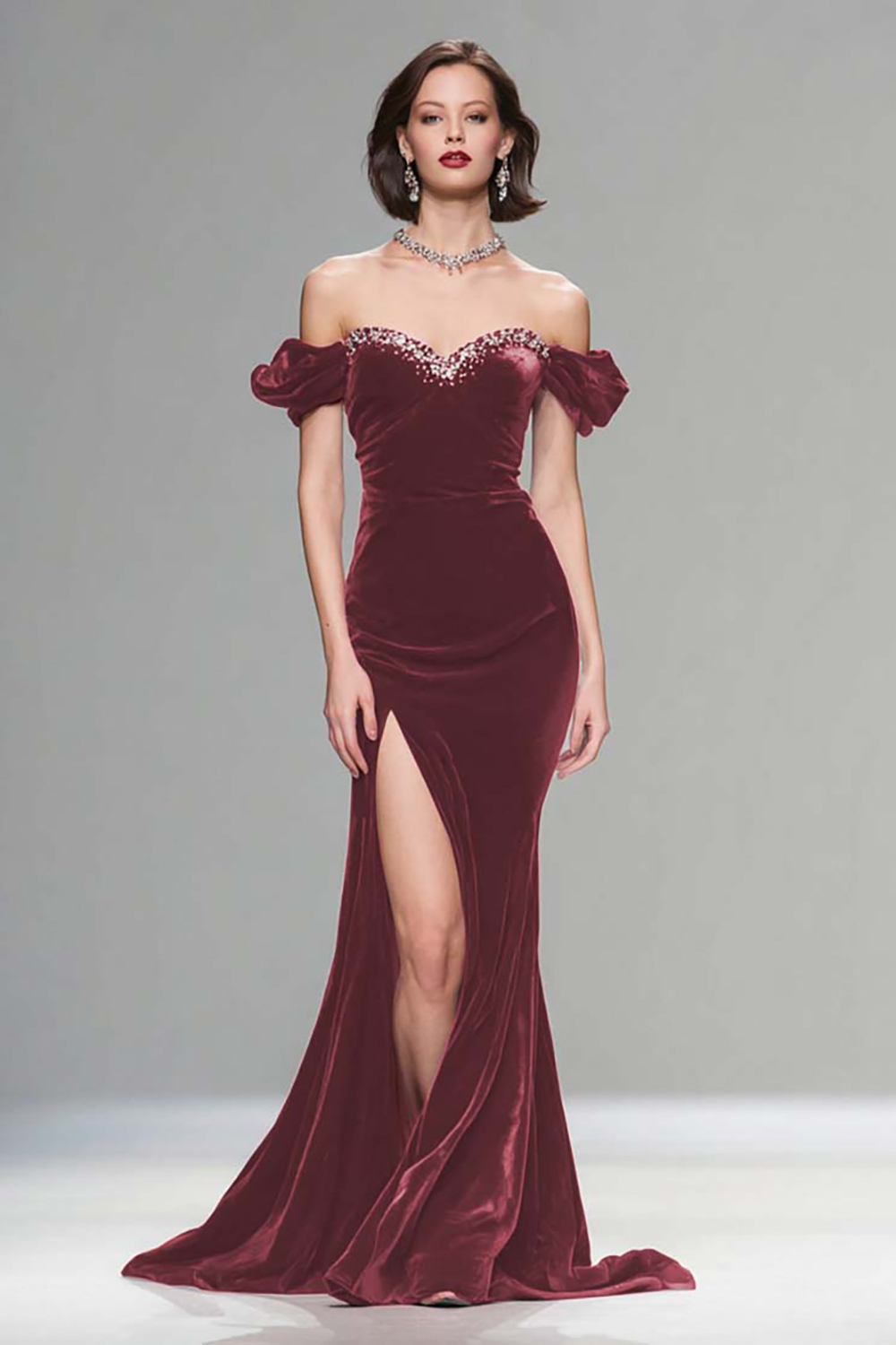 Sparkly Burgundy Mermaid Long Velvet Holiday Party Dress with Beading