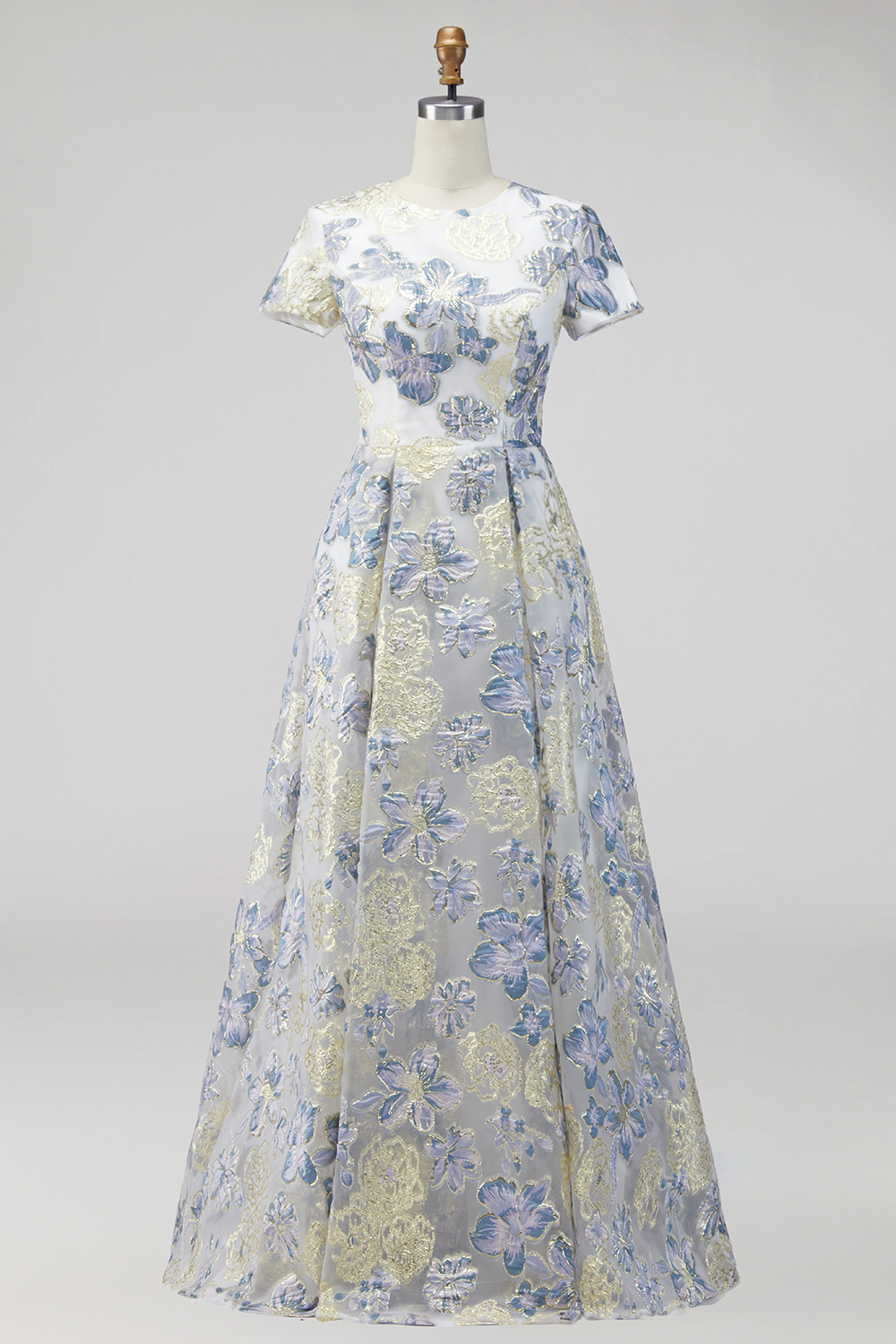Dusty Blue Floral Round Neck A Line Long Mother of the Bride Dress