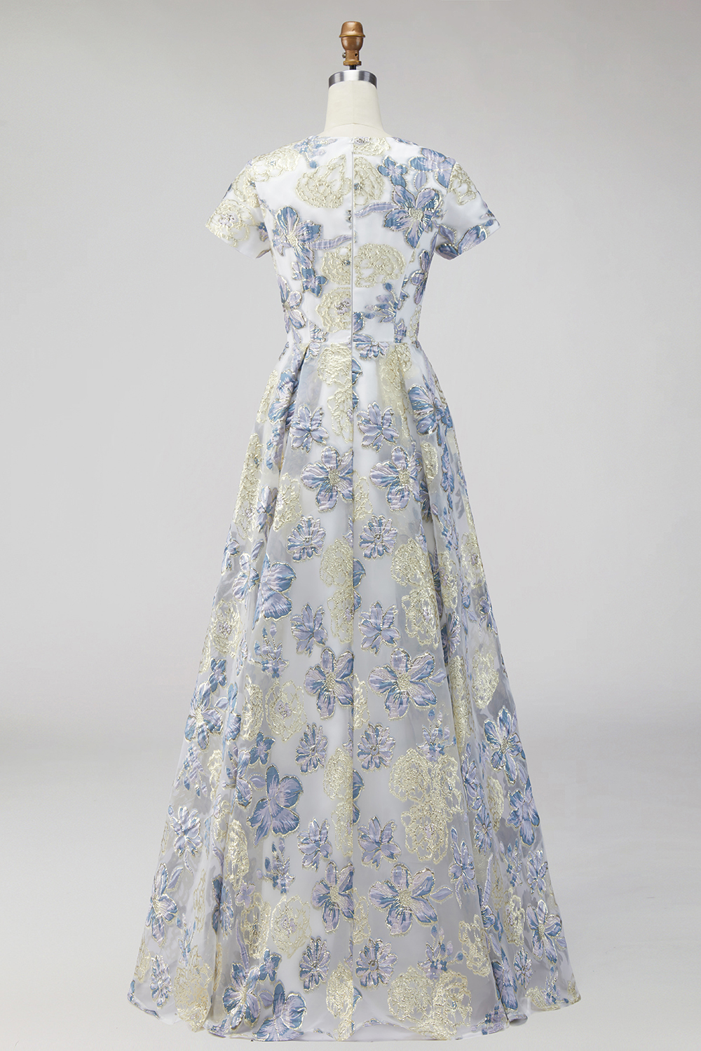 Dusty Blue Floral Round Neck A Line Long Mother of the Bride Dress