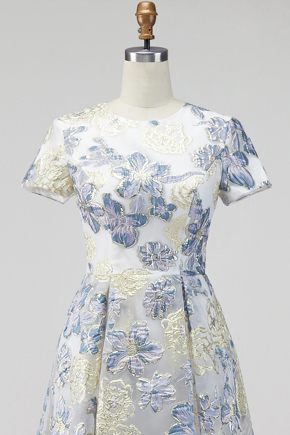 Dusty Blue Floral Round Neck A Line Long Mother of the Bride Dress