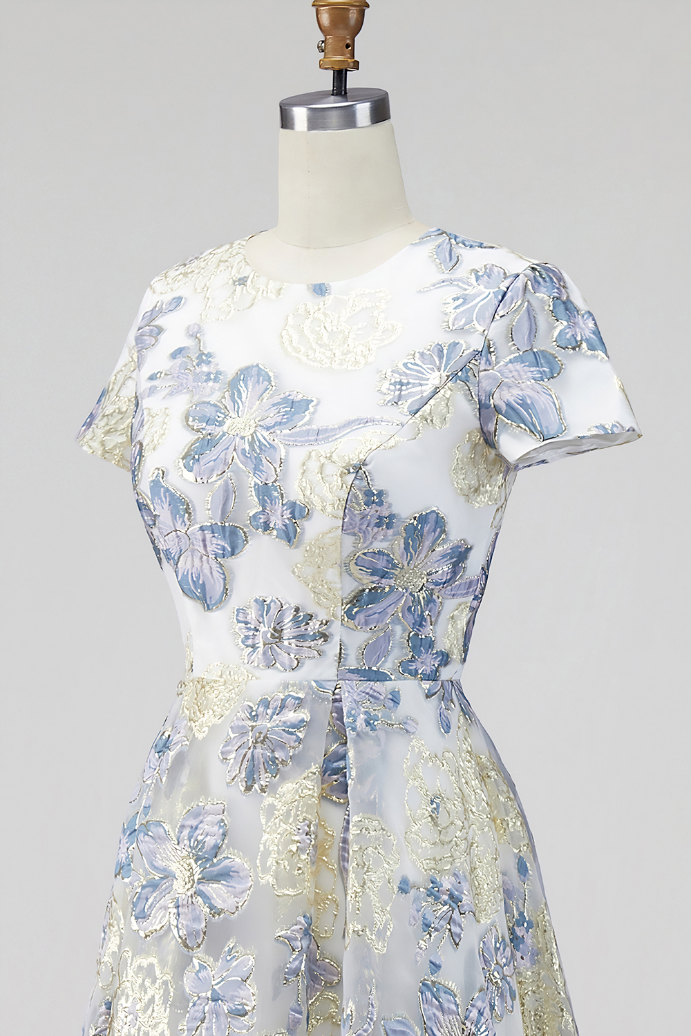 Dusty Blue Floral Round Neck A Line Long Mother of the Bride Dress