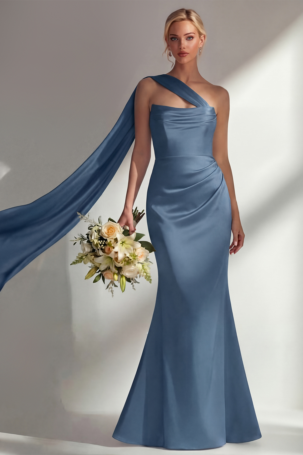 Elegant Burgundy Mermaid Neck Scarf Ruched Long Satin Prom Dress