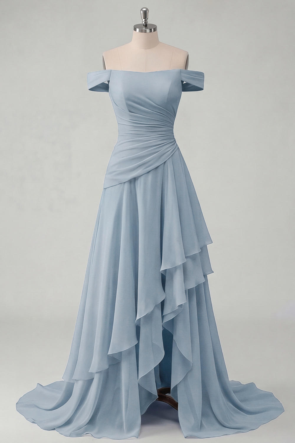 Off the Shoulder Ruched A Line Butter Yellow Ruffled Prom Dress with Slit