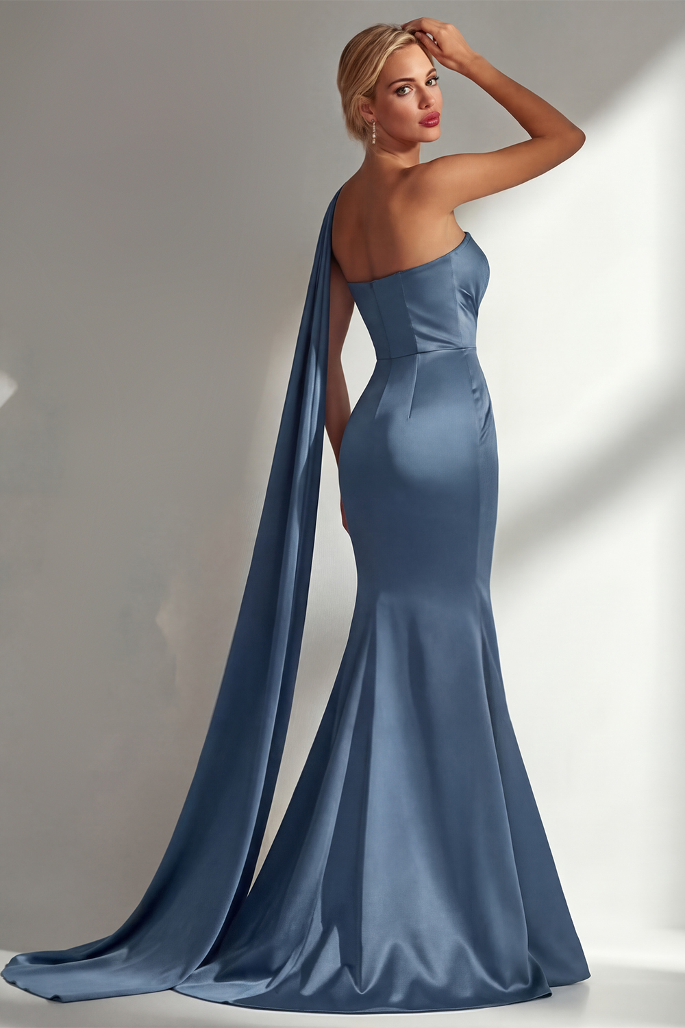 Elegant Burgundy Mermaid Neck Scarf Ruched Long Satin Prom Dress