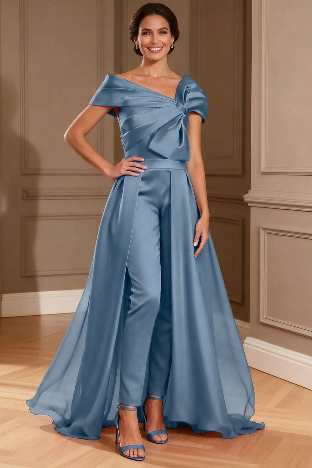 Fuchsia Satin Asymmetrical Neck Mother of the Bride Jumpsuits with Cape