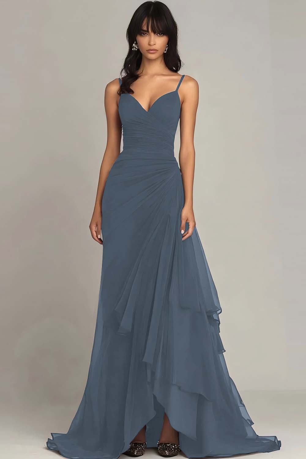 Dark Brown Spaghetti Straps Ruffled Long Chiffon Formal Dress
