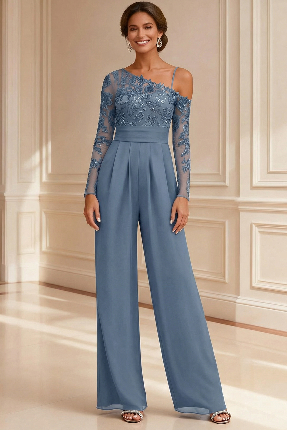 Sparkly Navy Beaded Asymmetrical Neck Mother of the Bride Jumpsuits with Lace