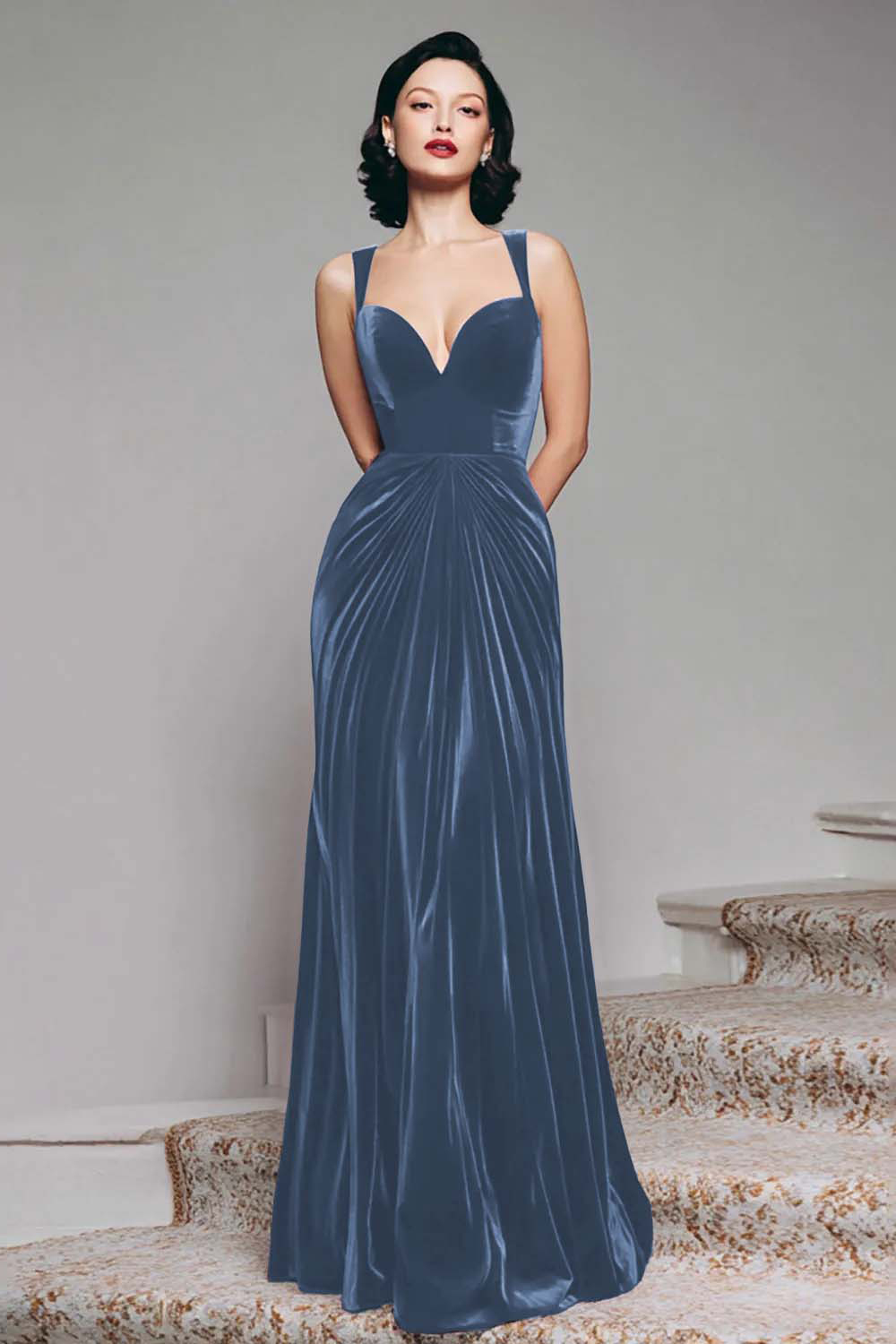 Elegant Burgundy Velvet Mermaid Thick Straps Long Holiday Party Dress