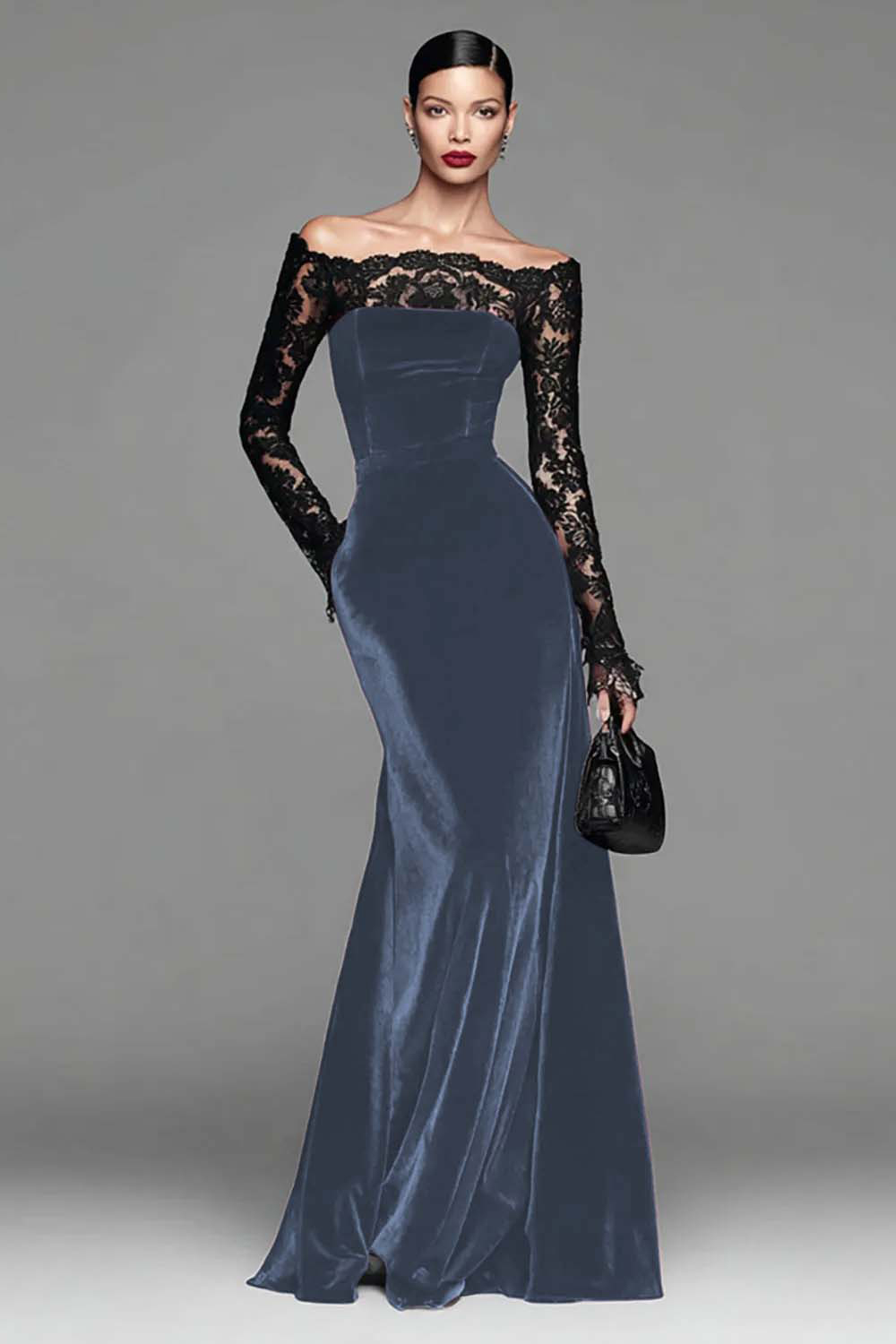 Elegant Burgundy Mermaid Velvet Long Sleeves Holiday Party Dress with Lace