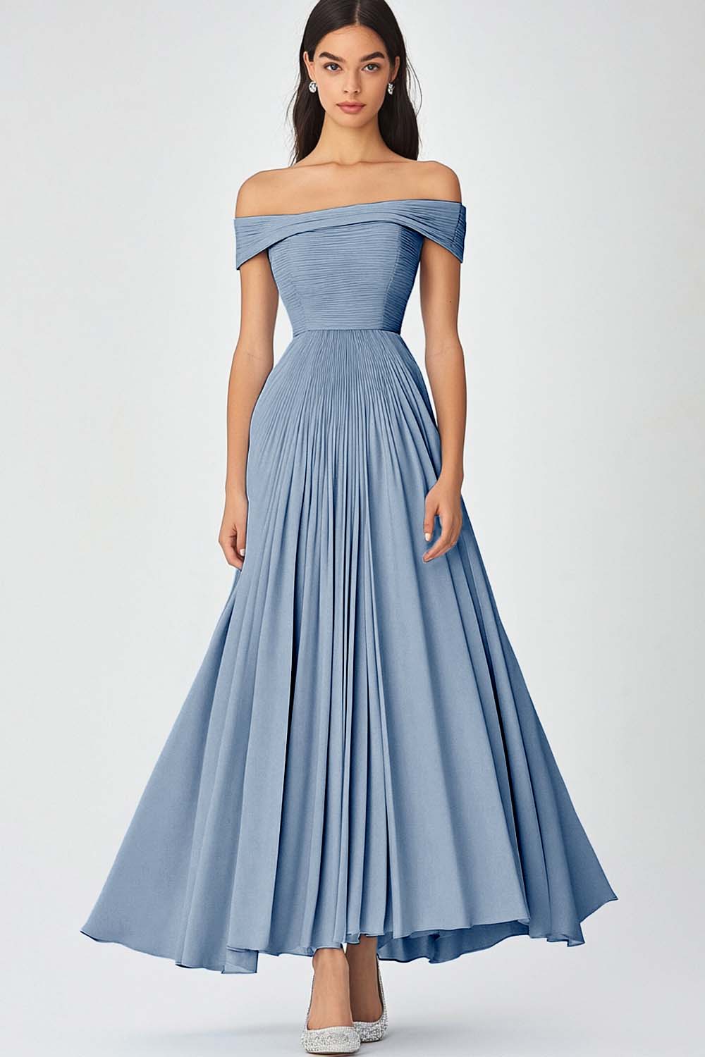 Off the Shoulder Sky Blue A Line Long Chiffon Formal Dress