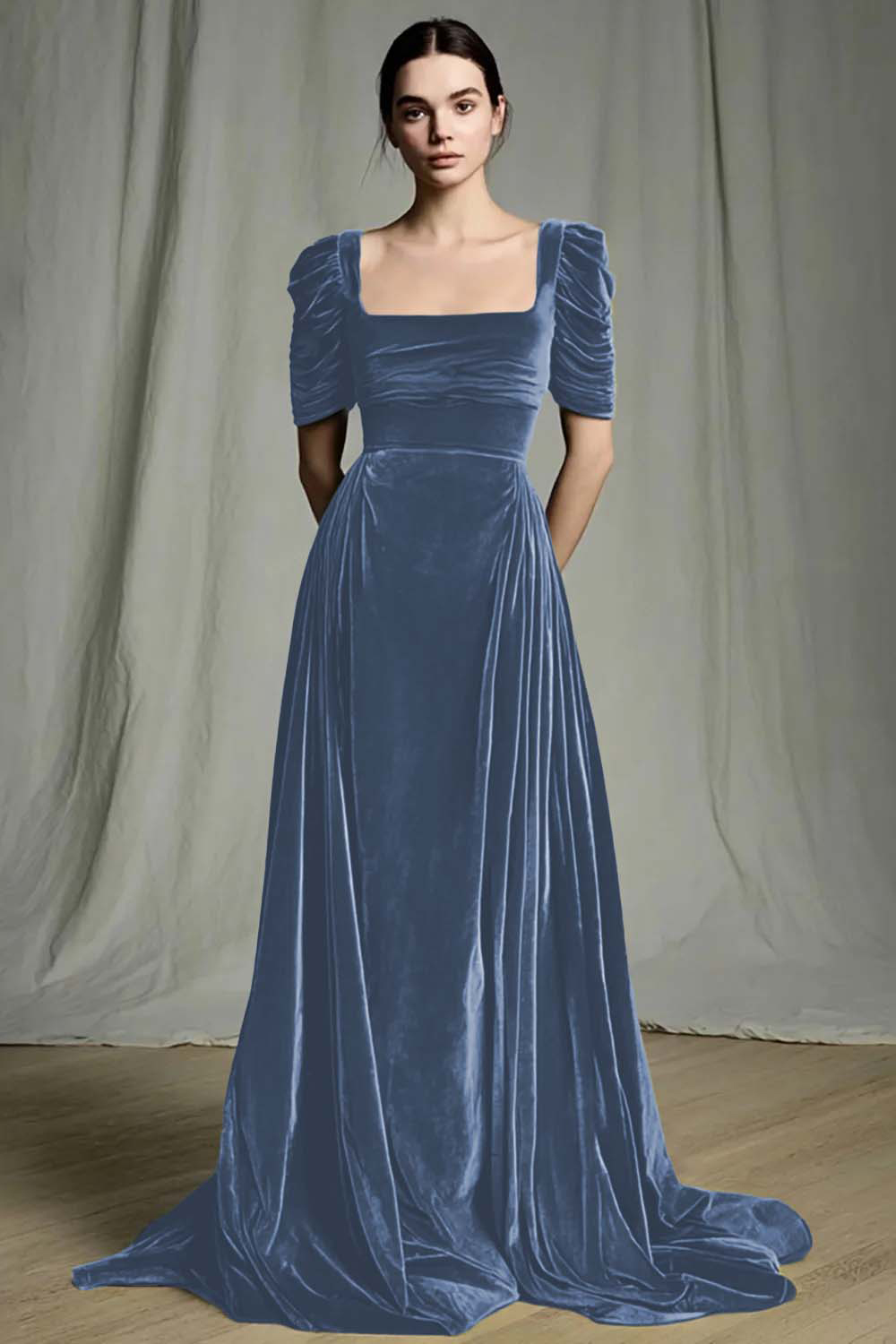 Modest Olive A-Line Square Neck Long Velvet Holiday Party Dress with Sleeves